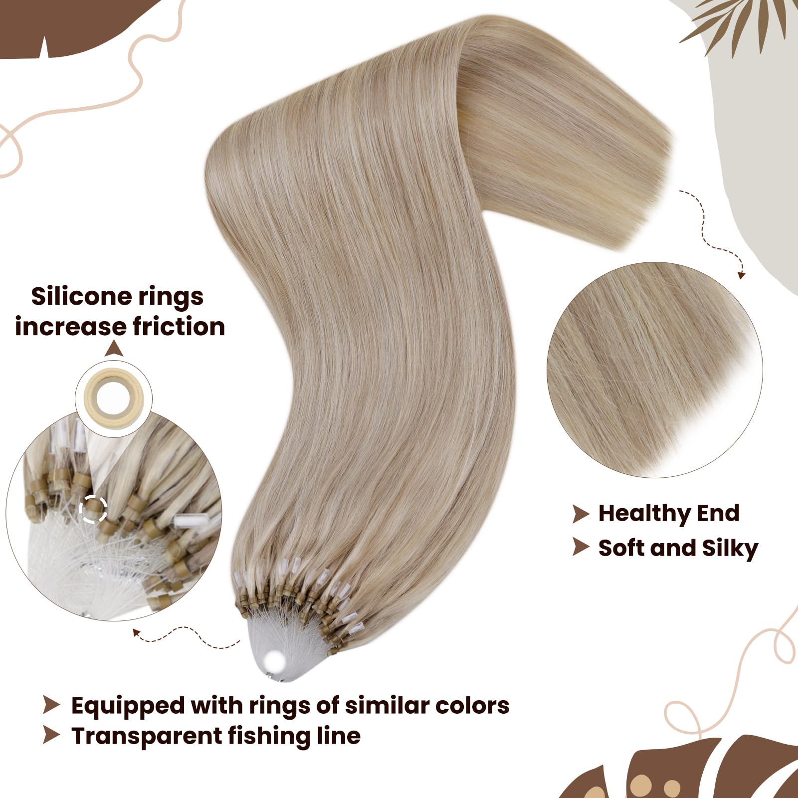 Hetto 22 Inch Micro Link Human Hair Extensions #18 Ash Blonde Highlight #613 Bleach Blonde Micro Loop Hair Extensions Real Human