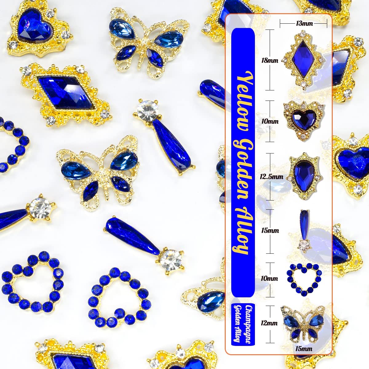 24Pcs Blue Luxury Nail Charms +2000Pcs Sapphire Rhinestones 3D Big Nail Gems K9 Glass Royal Blue Nail Crystals Diamonds Jewelry