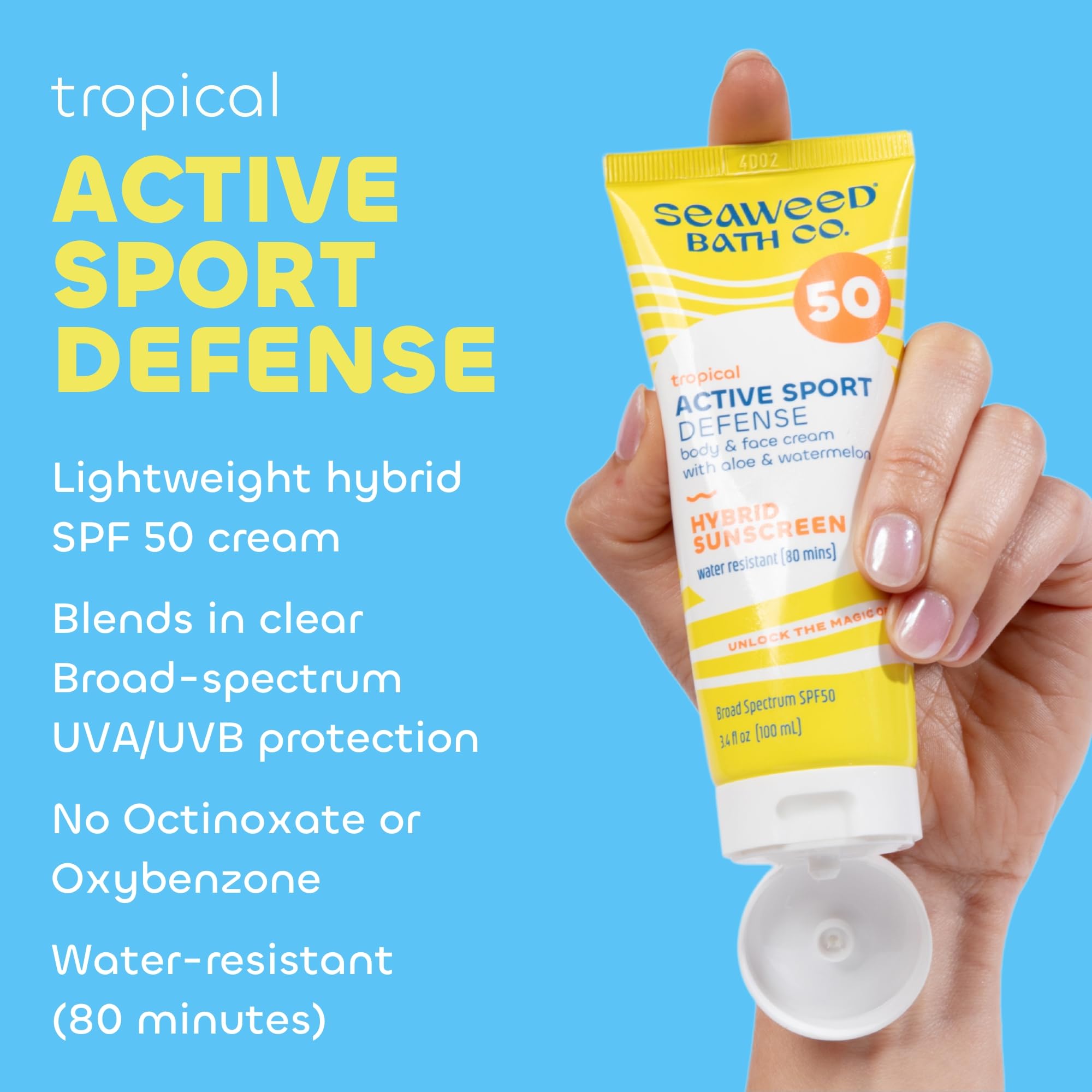 Seaweed Bath Co. Active Defense Spf 50 Sport Broad Spectrum Hybrid Sunscreen Cream, 3.4 Ounce, Sustainably Harvested Seaweed, Al