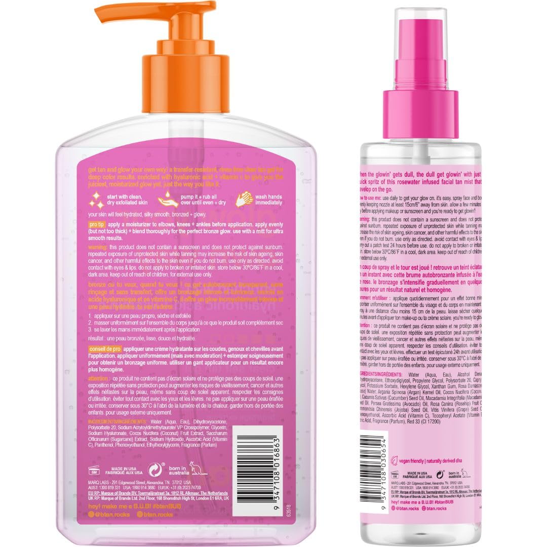 B.Tan Clear Self Tan Gel & Face Mist Kit | Glow Your Own Way + Mist Bundle - Transfer-Resistant Self Tanning Gel With Gradual Se