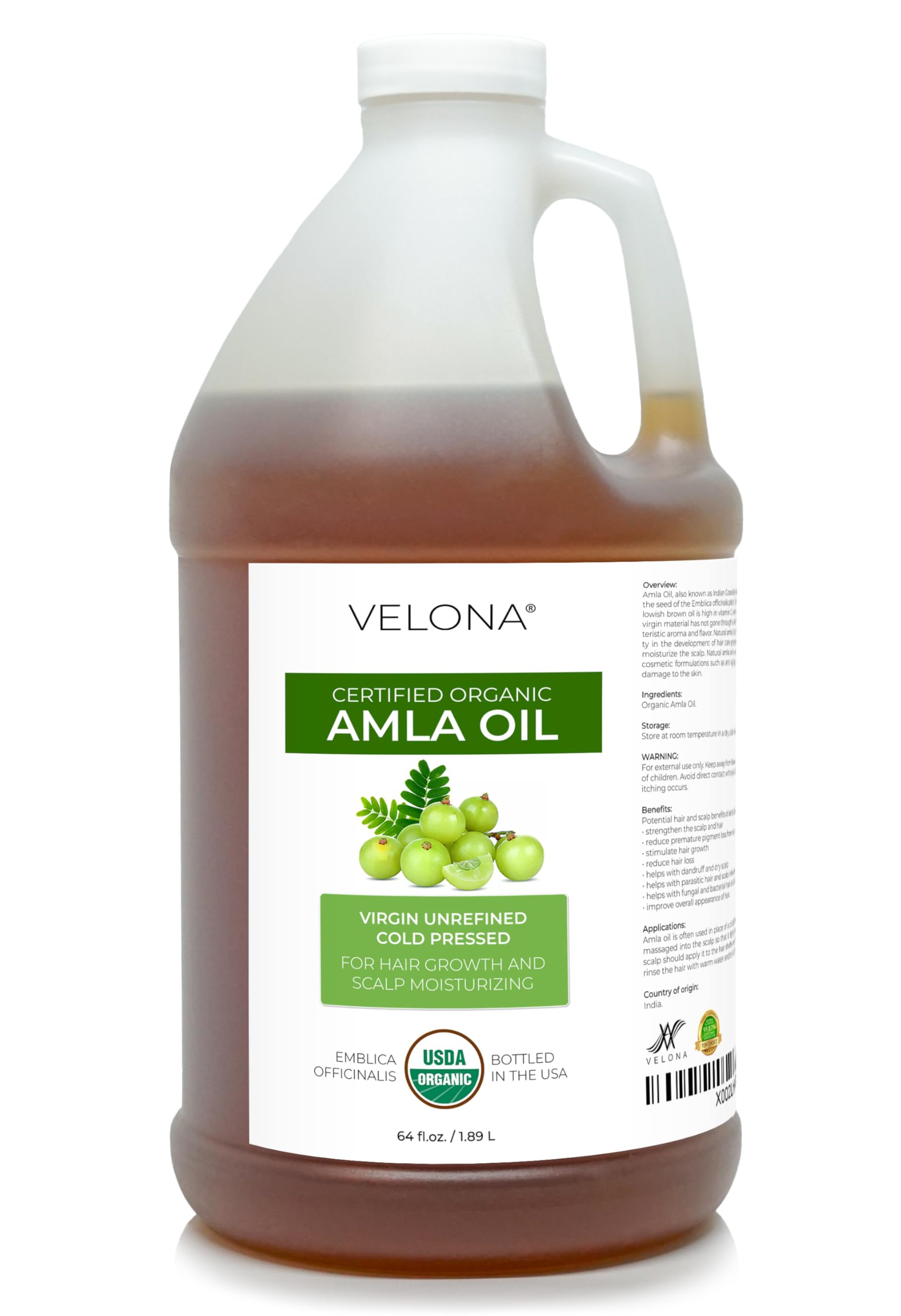 velona Amla Oil USDA Certified Organic - 64 oz | 100% Pure and Natural Carrier Oil | Extra Virgin, Unrefined, Cold Pressed