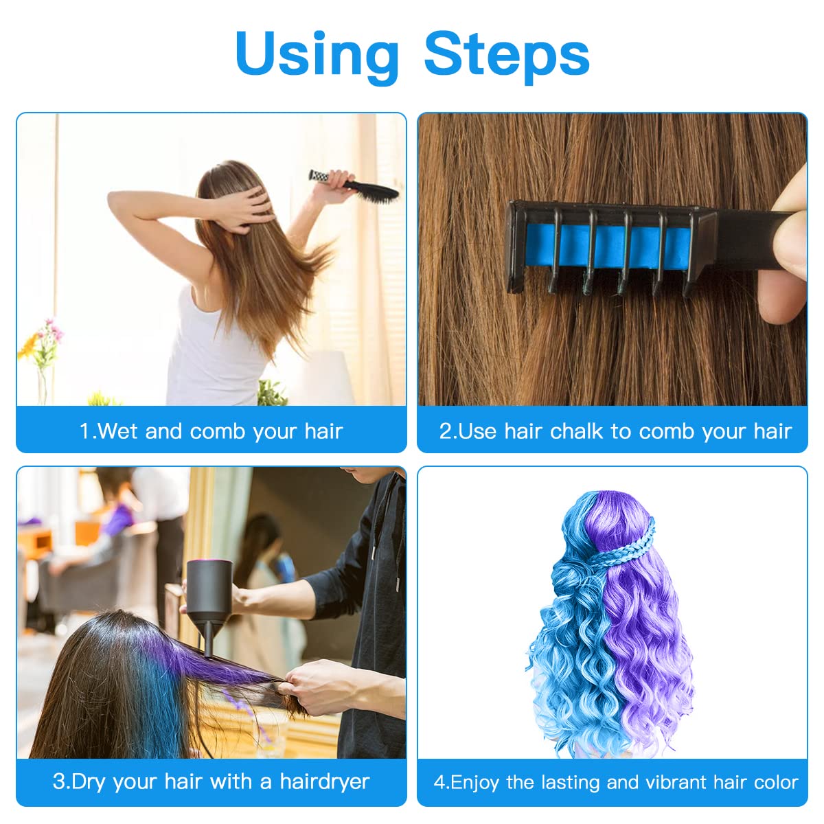 Msdada Blue And Purple Hair Chalk For Girls-New Hair Chalk Comb Temporary Bright Washable Hair Color Dye For Kids-Girls Toys Gif