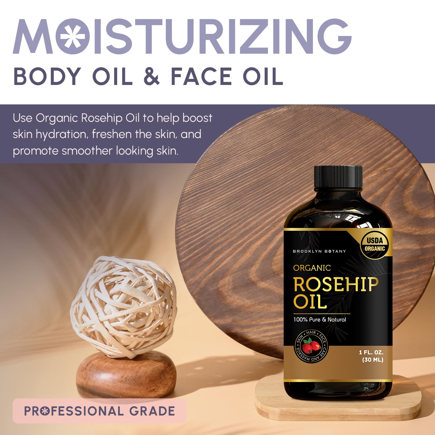 Brooklyn Botany Organic Rosehip Oil For Face, Skin And Hair - 100% Pure And Natural Organic Rosehip Seed Oil - Use As Carrier Oi