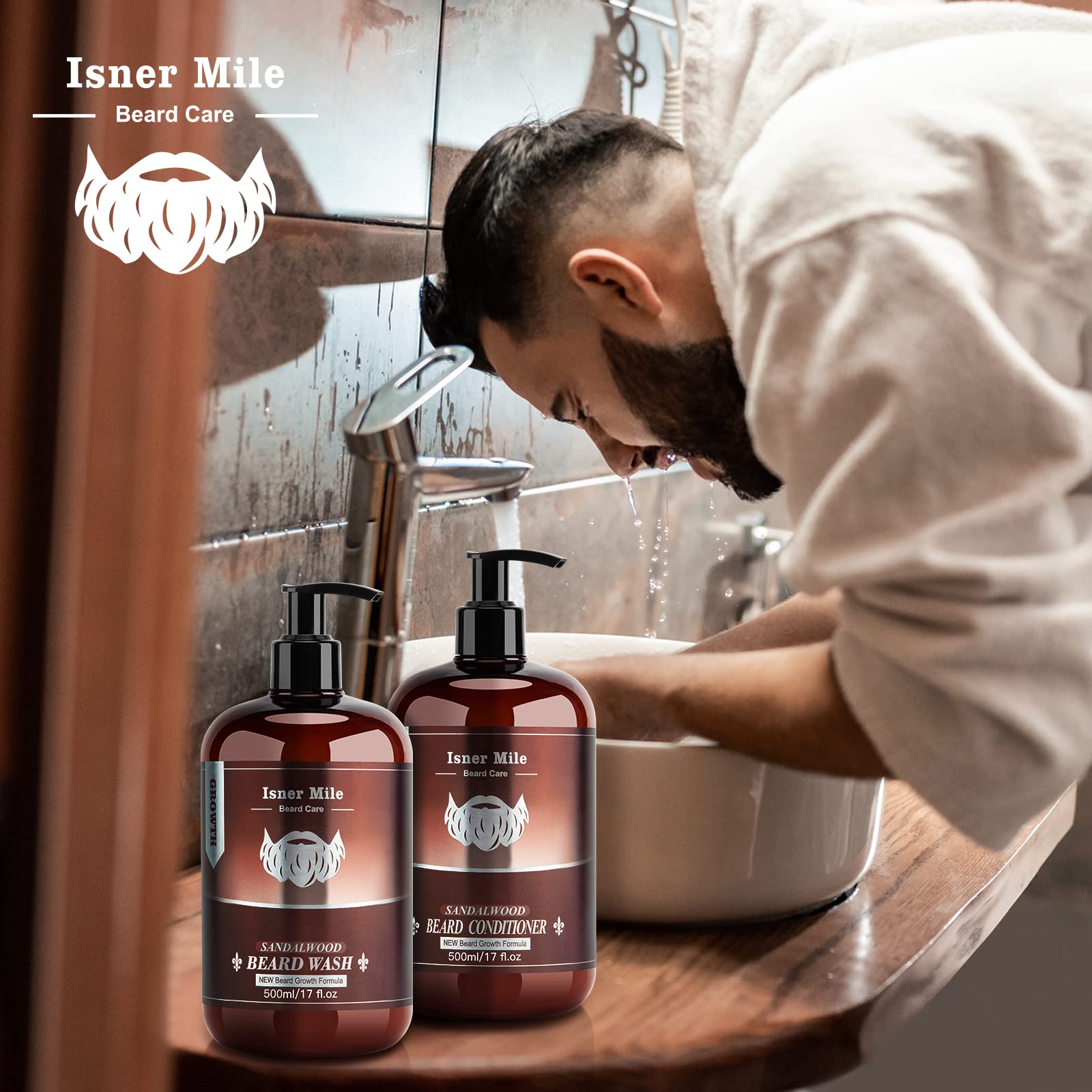 Beard Wash & Beard Conditioner Set (17Oz) Natural Sandalwood Men Beard Shampoo Conditioner Kit With Biotin, Argan Jojoba Oil, De