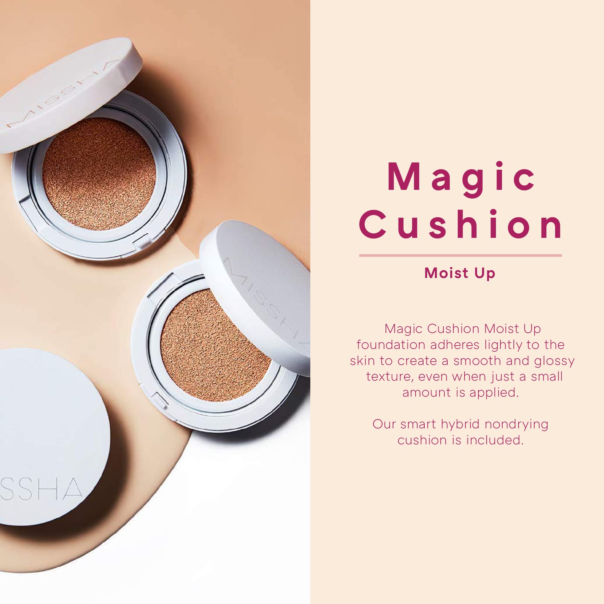Missha Magic Cushion Moist Up No. 21 Light Beige For Bright Skin, Hydrating 3-In-1 Moisture Korean Cushion Foundation, Long-Last