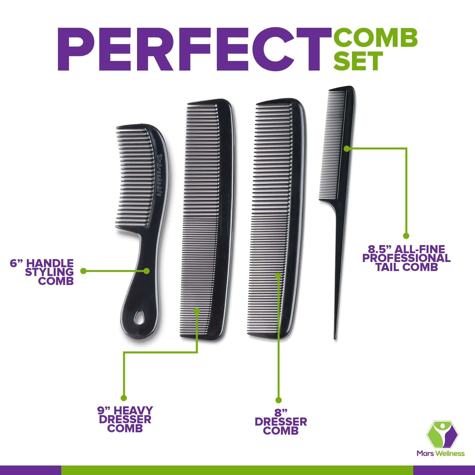 Mars Wellness 4 Piece Professional Comb Set Black - Usa Made - Fine Pro Tail Combs, Dresser Hair Comb Styling Comb - Premium Gra