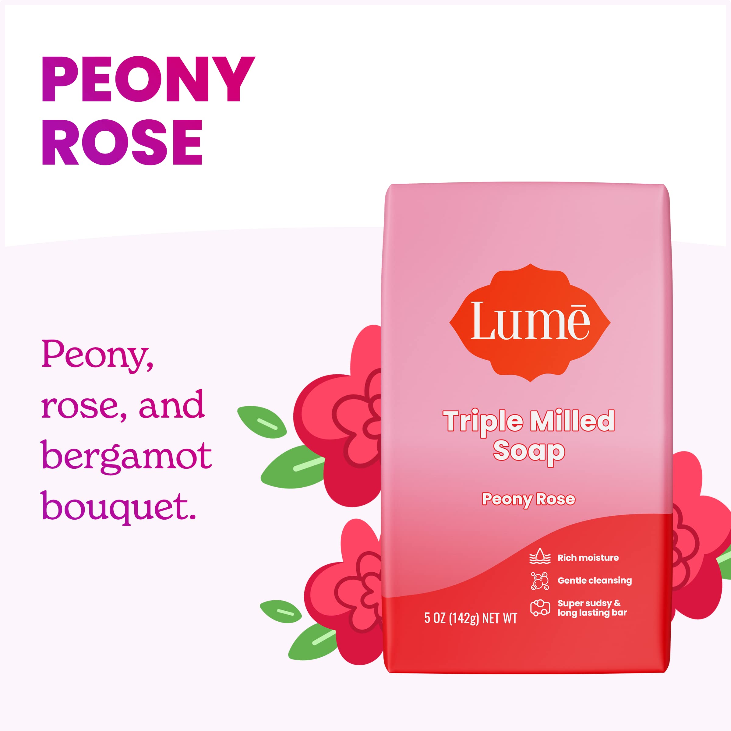 Lume Triple Milled Soap - Rich Moisture & Gentle Cleansing - Paraben Free, Phthalate Free, Skin Safe - 5 Ounce (Peony Rose)