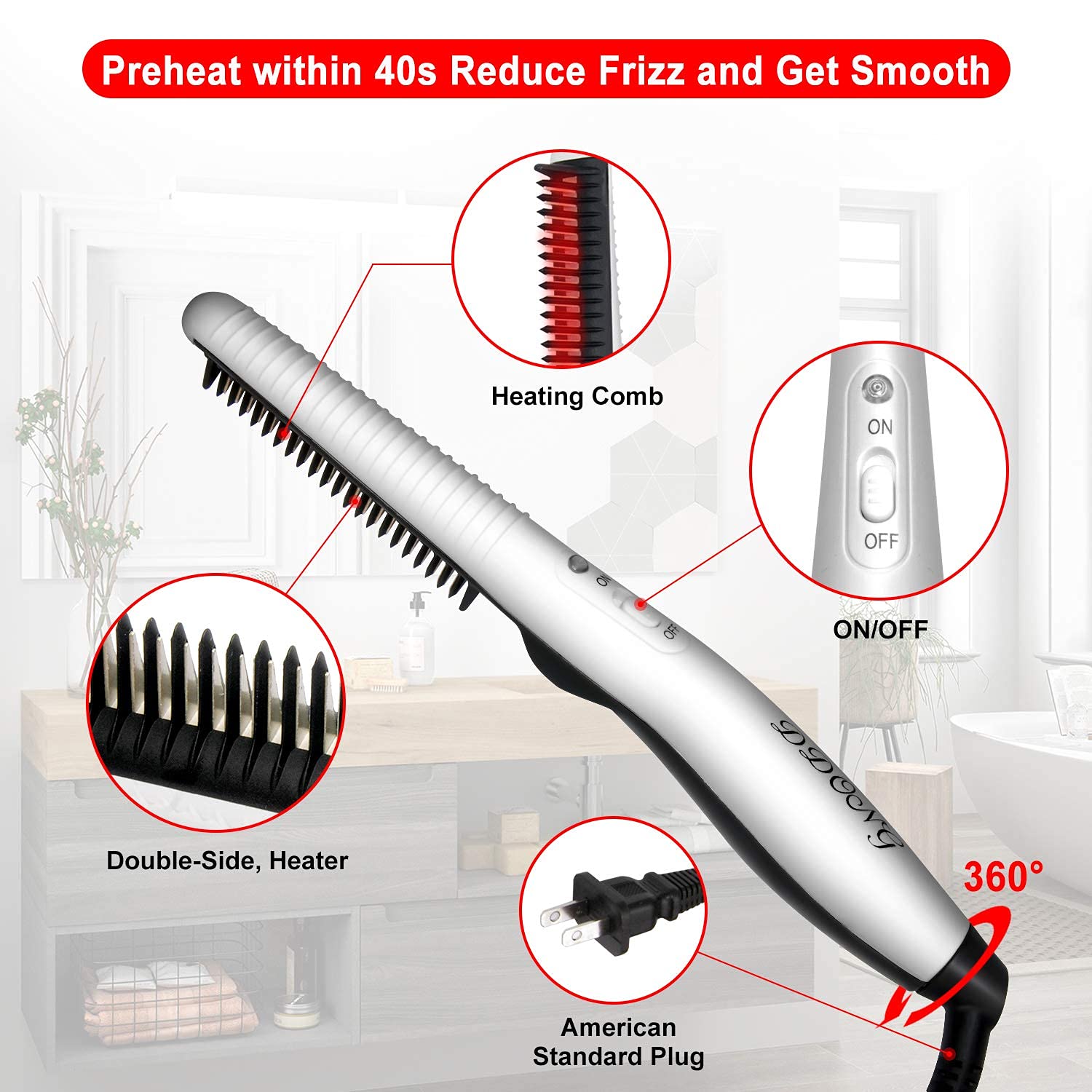 Beard Straightener Comb for Men,Hair Hot Comb,Quick Electric Heated Beard Brush Styler,Travel Portable Styling Comb Beard Iron,
