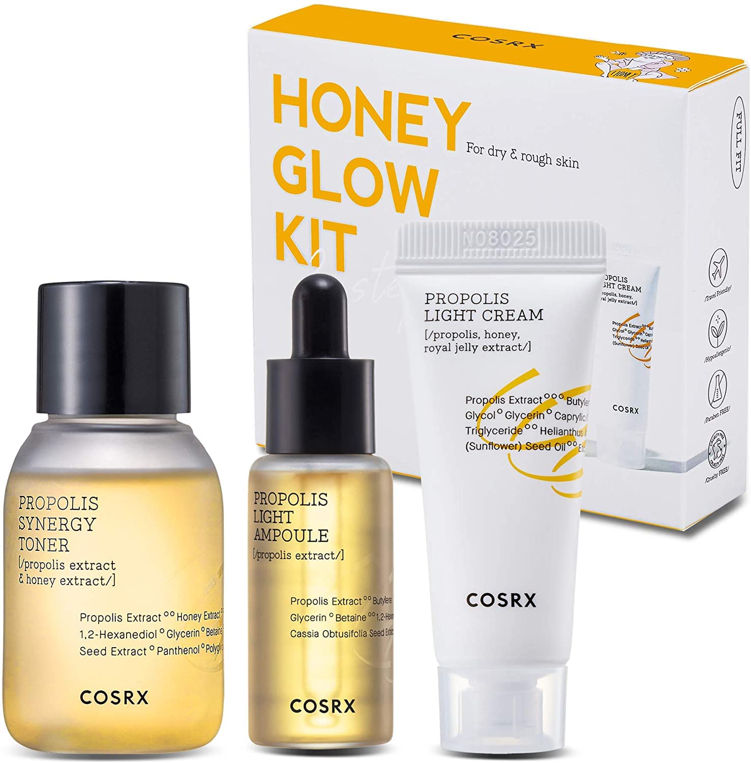 COSRX Honey Glow Kit, Korean Skin Care Set with Propolis Facial Toner, Serum, & Cream, Mini Travel Essentials, Deep Moisture, Hy