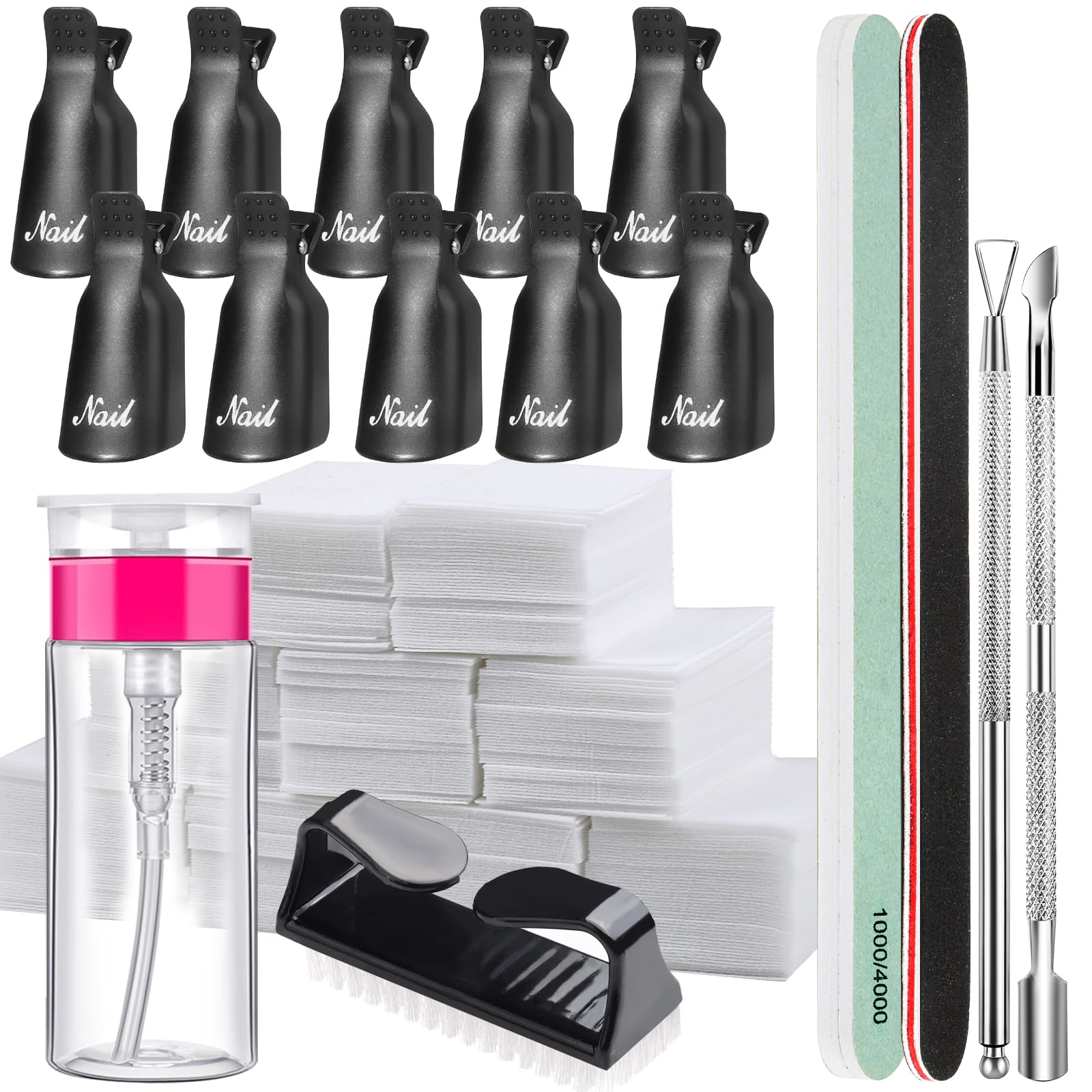 FANDAME Gel Nail Polish Remover Tools Kit, 10 PCS Nail Polish Remover Clips Black, 100ml Nail Polish Remover Bottle, 500PCS Cott
