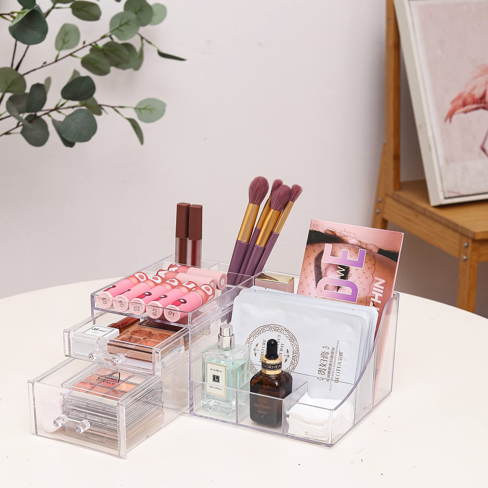 Cq Acrylic 1 Pack Clear Skincare Organizer For Vanity,Stackable 2 Drawers Make Up Organizer,Cute Cosmetic Organizer For Vanity J