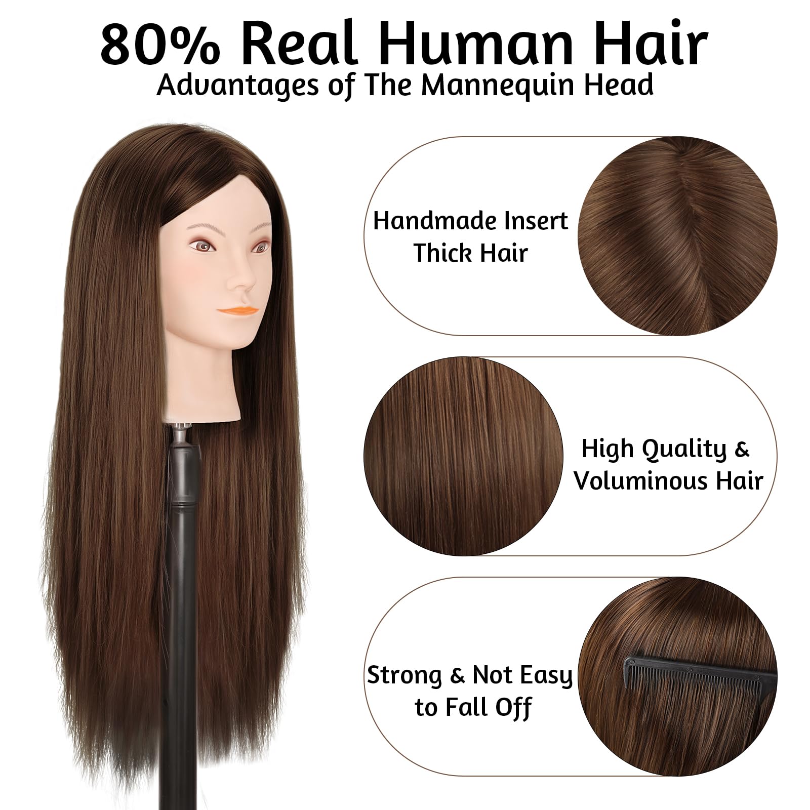 Mysweety Mannequin Head With Human Hair, 80% Real Hair 26'' Makeup Hairdressing Practice Training Head, Cosmetology Manikin Doll