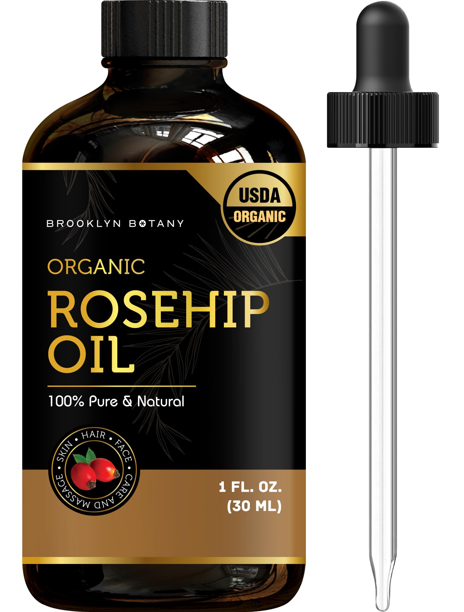Brooklyn Botany Organic Rosehip Oil for Face, Skin and Hair - 100% Pure and Natural Organic Rosehip Seed Oil - Use as Carrier Oi