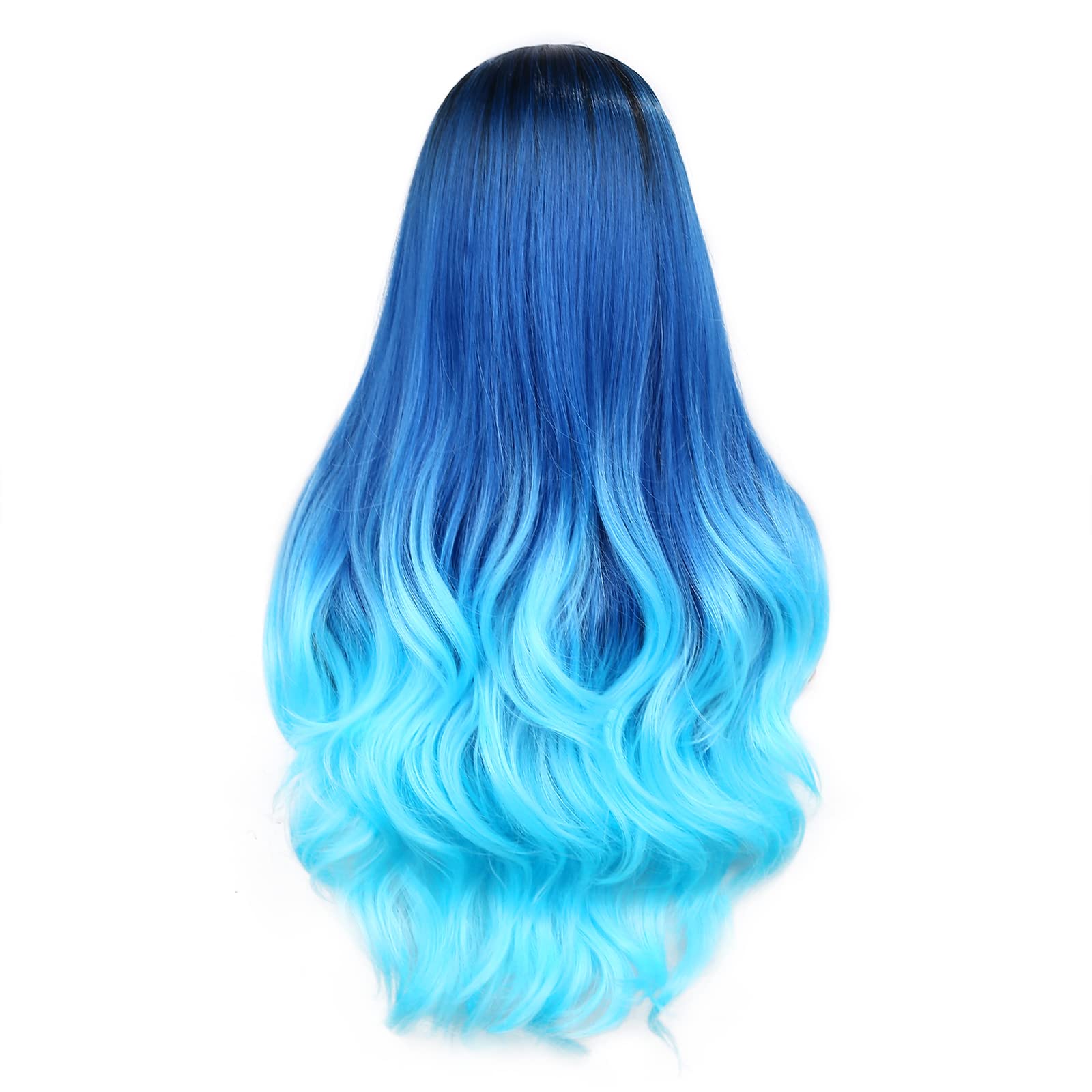 Hanne Long Blue Wavy Wigs For Women 26 Inch Middle Part Blue Ombre Wig Body Wave Long Curly Synthetic Wig Heat Resistant Black A