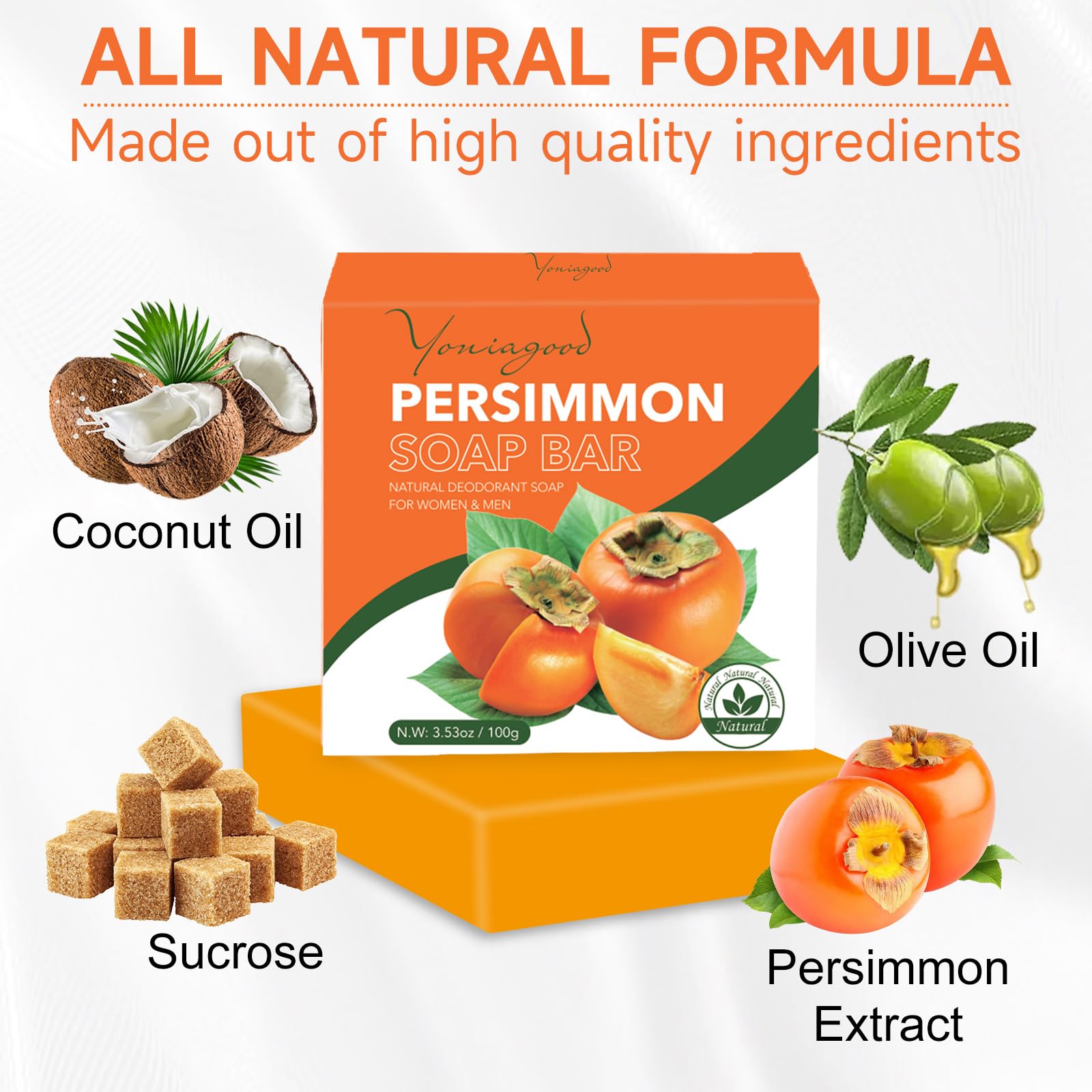 yoniagood Persimmon Soap Bar - 3 PCS Natural Deodorant for Body Odor Control, Organic Wash Soap for Men & Women, 3.53 oz