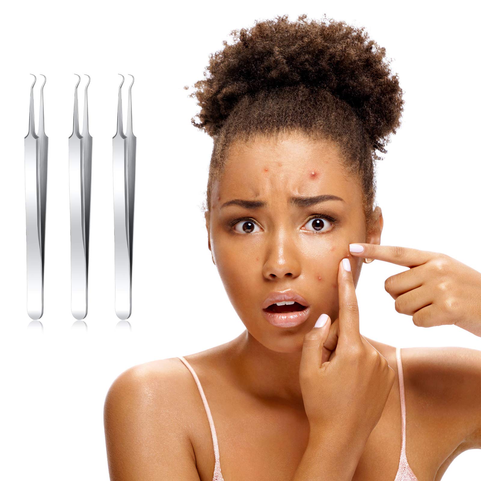 Honoson 3 Pcs Blackhead Tweezer Stainless Steel Pimple Tweezers Extractor Tool For Remove Blackhead Zit Whitehead Pimple Bend Cu