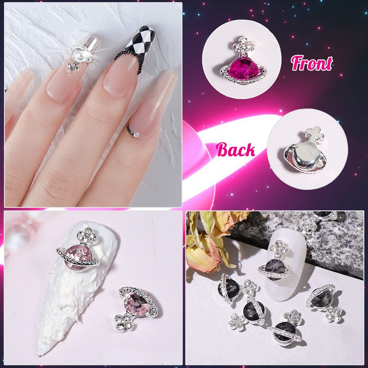 Planet Nail Charms, 54 Pcs 3D Nail Rhinestones Shiny Silver Saturn Shape, Nail Art Nail Gems Diamond Crystals Luxury Jewelry Nai