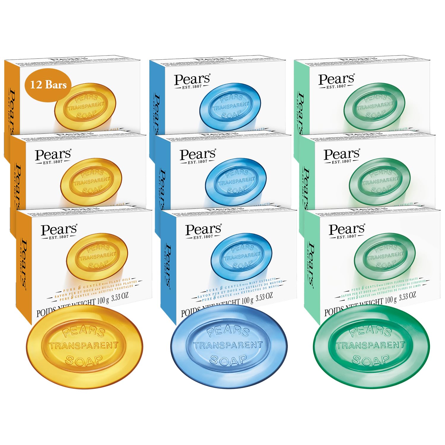 Pears Soap, Face & Body Soap, Variety 12-Pack - Pure & Gentle Transparent Bar Soap Bundle, Moisturizing Glycerin Soap for Glowin