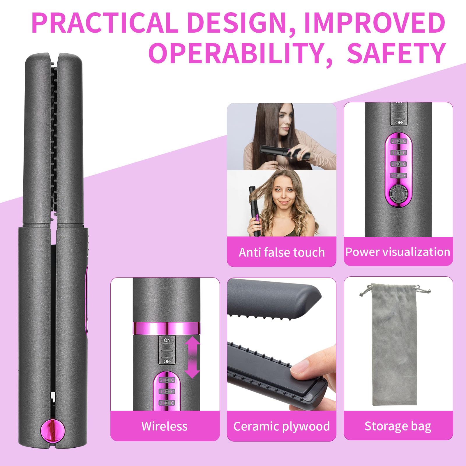 OBEST Cordless Hair Straighteners Curler 2 in 1, Mini Portable Travel Wireless Flat Iron, Fast Heat Up, Anti-Scald 3-Level Strai