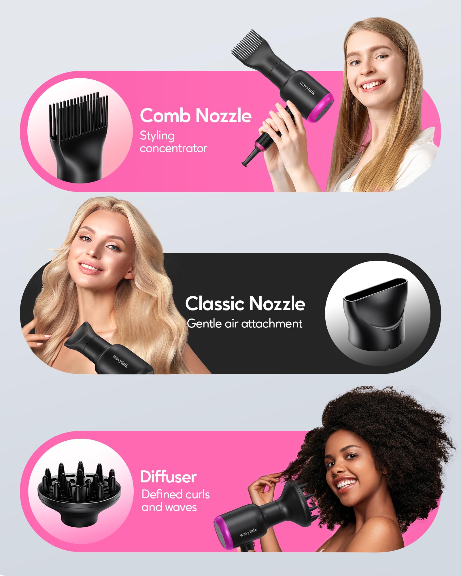 Wavytalk Professional Hair Dryer With Diffuser, 1875W Blow Dryer Ionic Hair Dryer For Women With Constant Temperature, Hair Drye