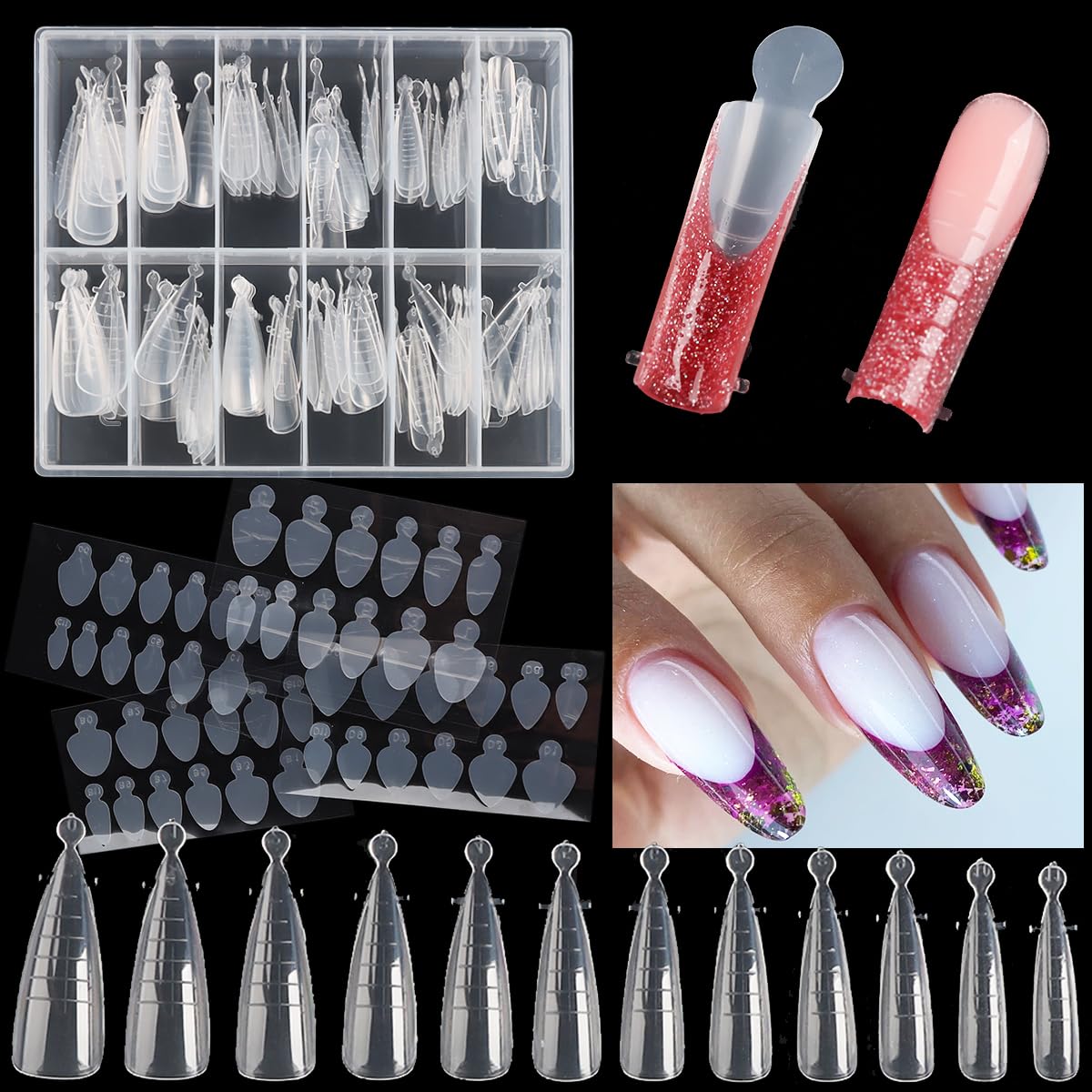 120Pcs Dual Nail Forms Set Full Cover Nail Extension Tips Coffin Almond False Nail Tips Acrylic Nail System Dual Forms With Sili