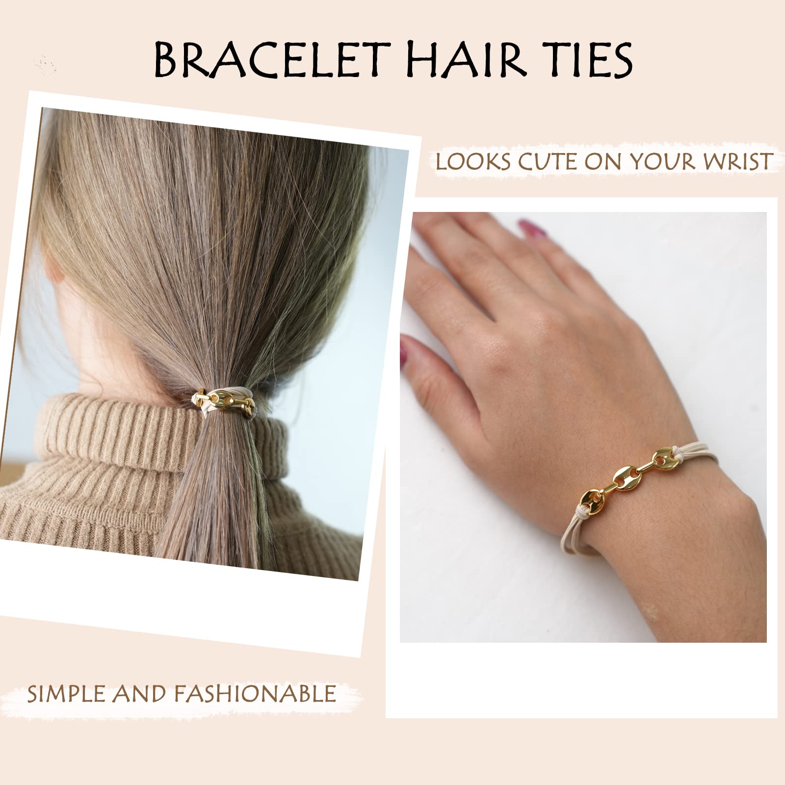 Tucewp Hair Tie Bracelets For Women 3 Pcs Gold, Silver, Beige - Hair Ties For Thick Hair With Elastic - Cute On Your Wrist And G
