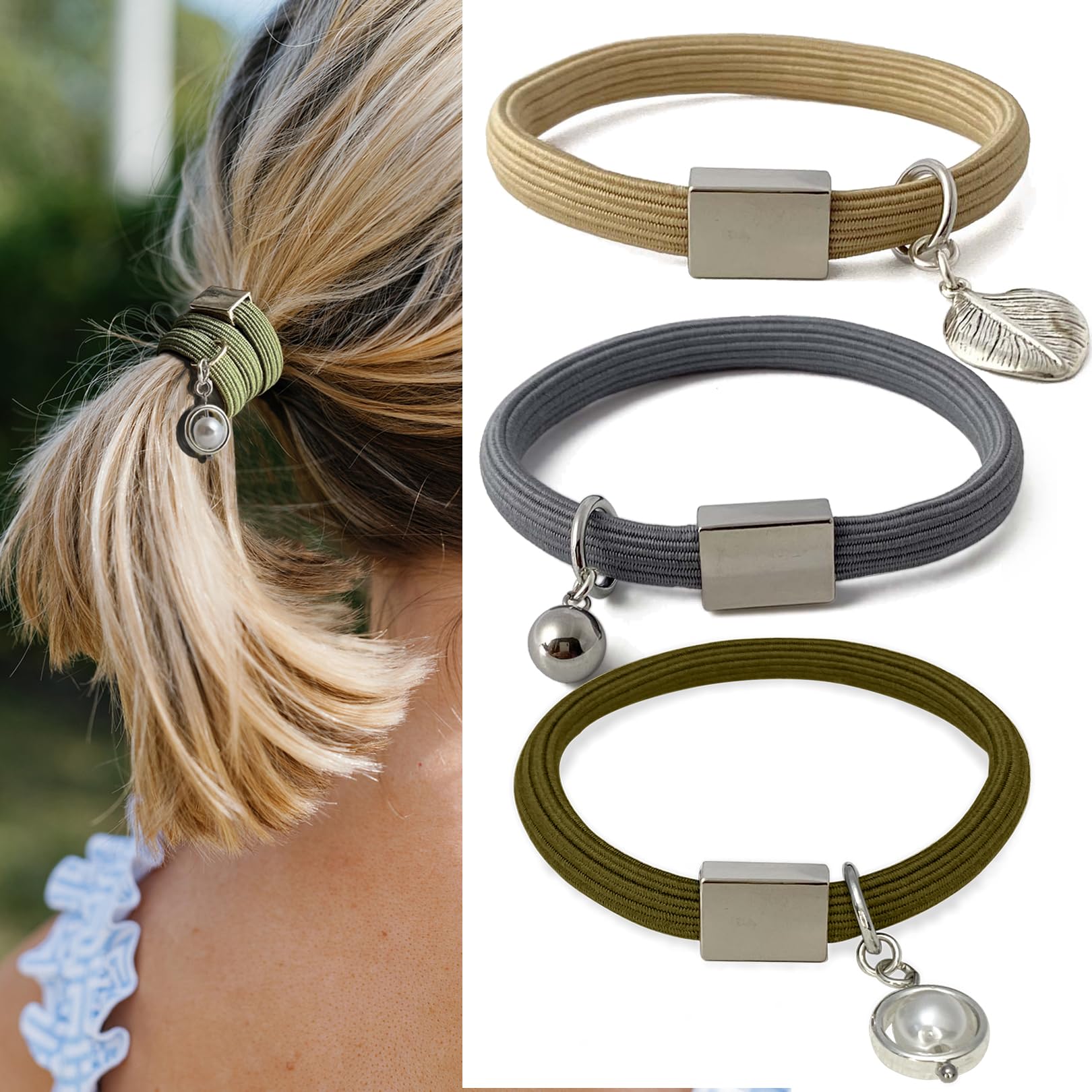 Hair Tie Bracelets with Silver Charm for Women - 8mm Thick Elastic No-Damage Holders for Cute High Ponytails