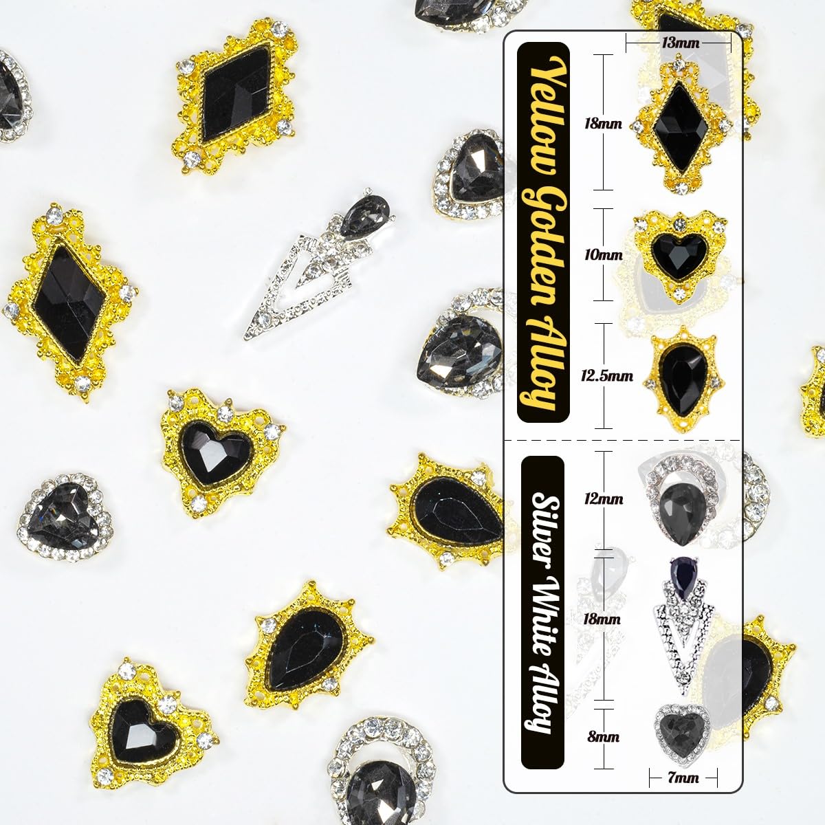 24Pcs Black Nail Rhinestones Luxury Nail Charms Jet Black Heart Charms For Nails 3D Big Nail Gems K9 Glass Crystals Diamonds Jew