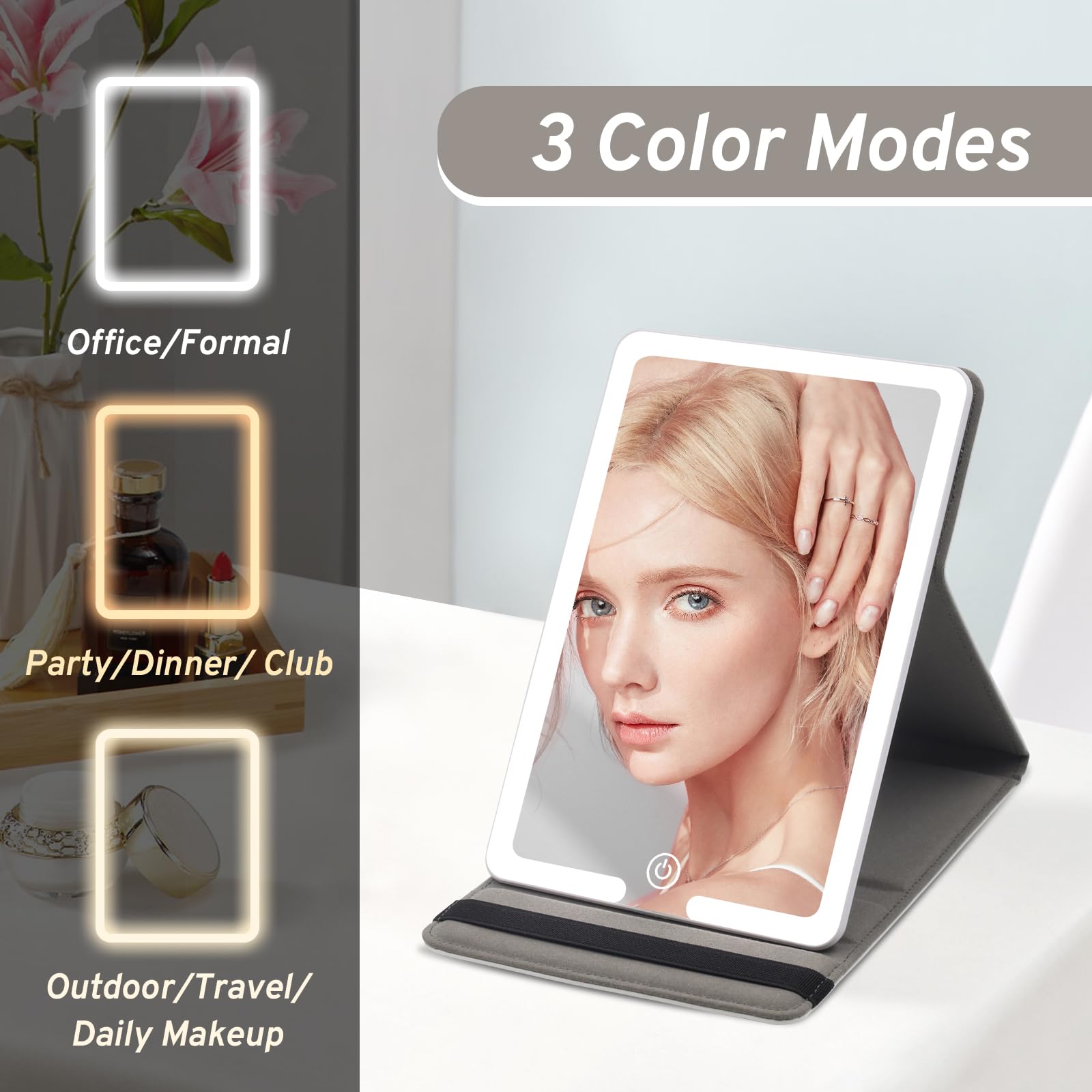 Travel Makeup Mirror With Lights, Lighted Travel Mirror With Pu Leather Cover, 1500Mah Battery 3-Color Light Modes Dimming Led L