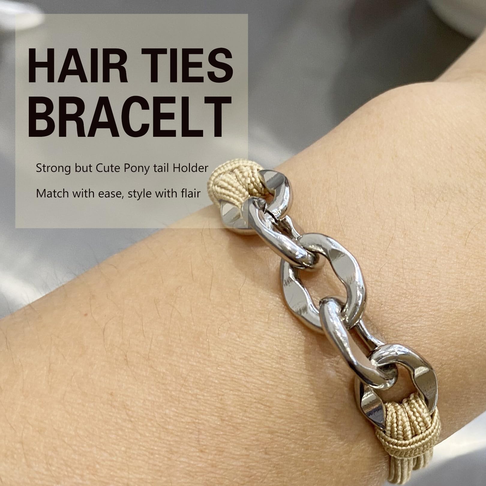 Hair Tie Bracelets For Women, 3Pcs Cute Elastic Hair Ties Ponytail Holders With Silver Jewelry Strenchy Bronde Scrunchies Hair T