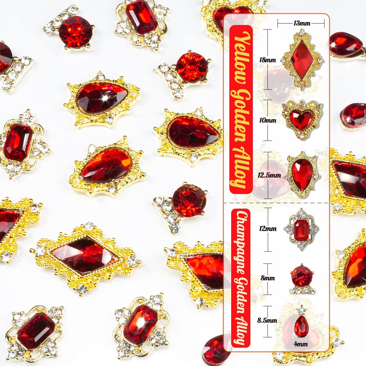Qiipii 24Pcs Red Nail Rhinestones Luxury Nail Charms Ruby Red Heart Charms For Nails 3D Big Nail Gems Crystals Diamonds Jewelry