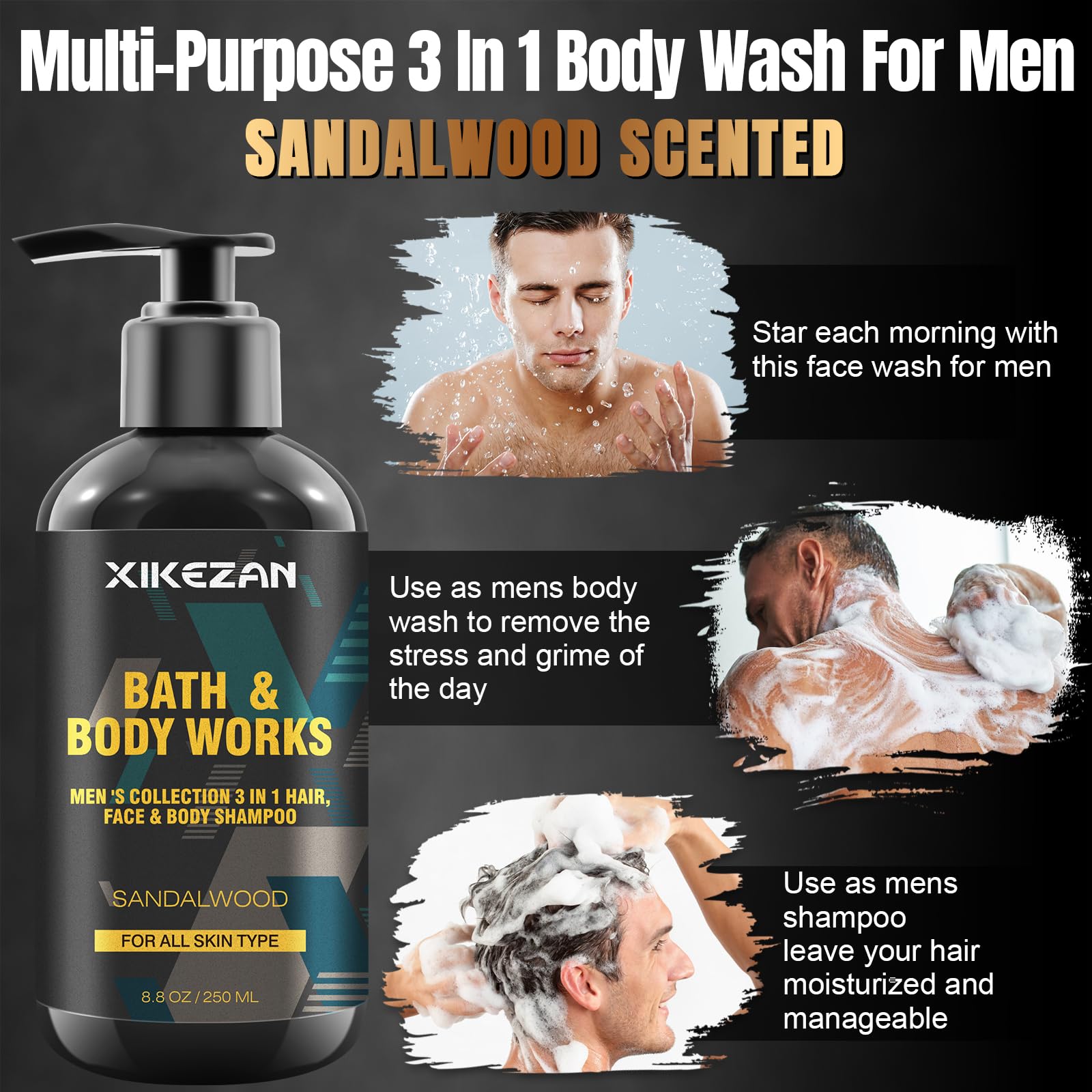 Gifts For Men,Mens Body Wash Gift Set Cleansing & Hydrating Skin W/Face Wash,Deodorant,Sandalwood & Cologne 3 In 1 Hair,Face & B