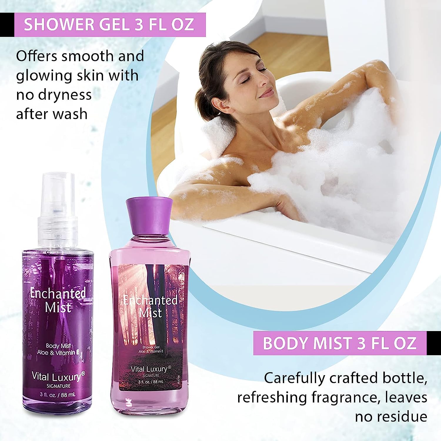 Vital Luxury Enchanted Mist Scent Bath & Body Kit, 3 Fl Oz, Ideal Skincare Gift Home Spa Set, Includes Body Lotion, Shower Gel,
