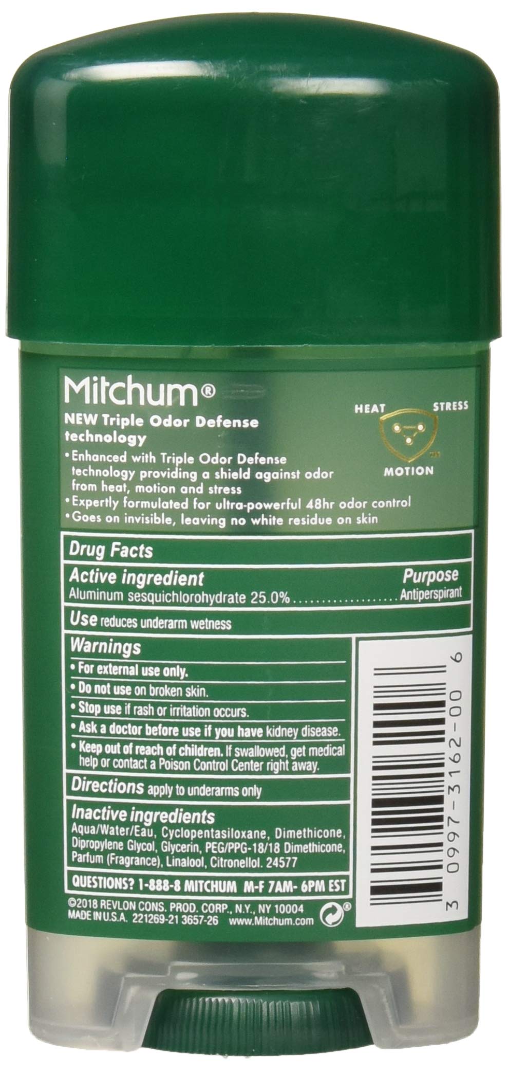 Mitchum Antiperspirant Deodorant Stick For Men, Triple Odor Defense Gel, 48 Hr Protection, Dermatologist Tested, Sport,Green 2.2
