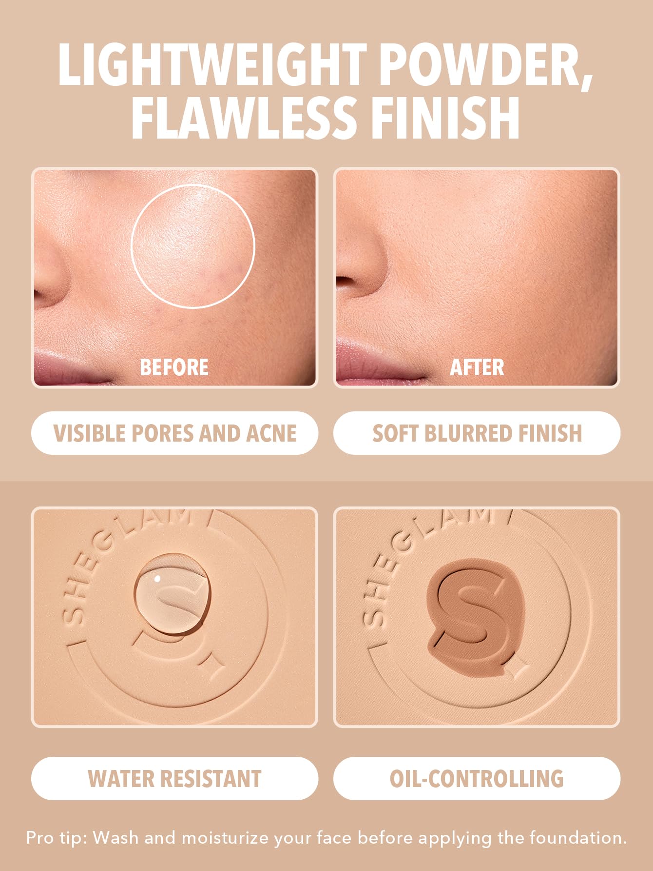 Sheglam Skin-Focus Full Coverage Powder Foundation Oil-Control Lightweight Face Pressed Powder Makeup-Mocha