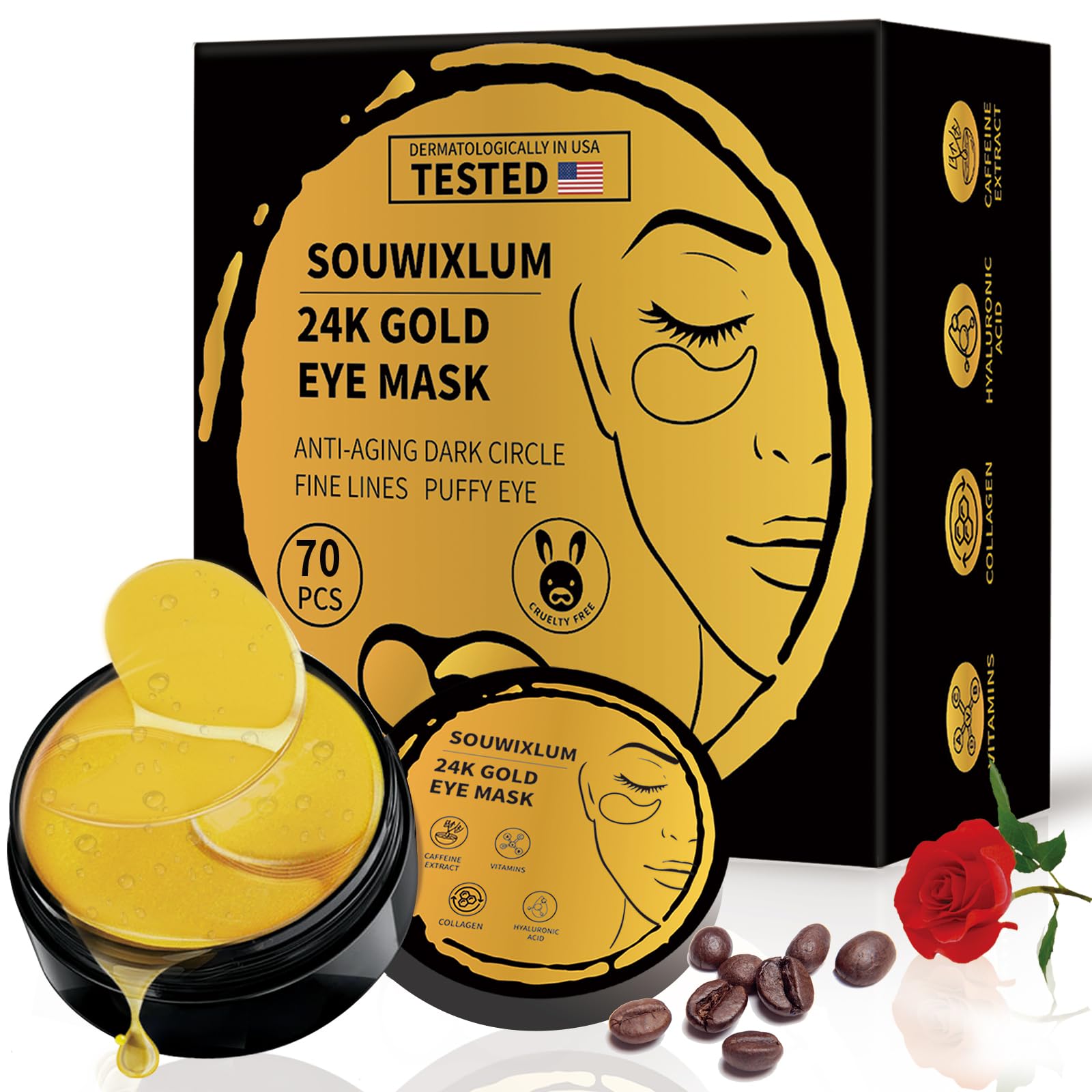 Under Eye Patches For Puffy Eyes 70PCS, 24K Gold Eye Mask For Dark Circles and Puffiness, Under Eye Mask Patches Skincare, Eye G