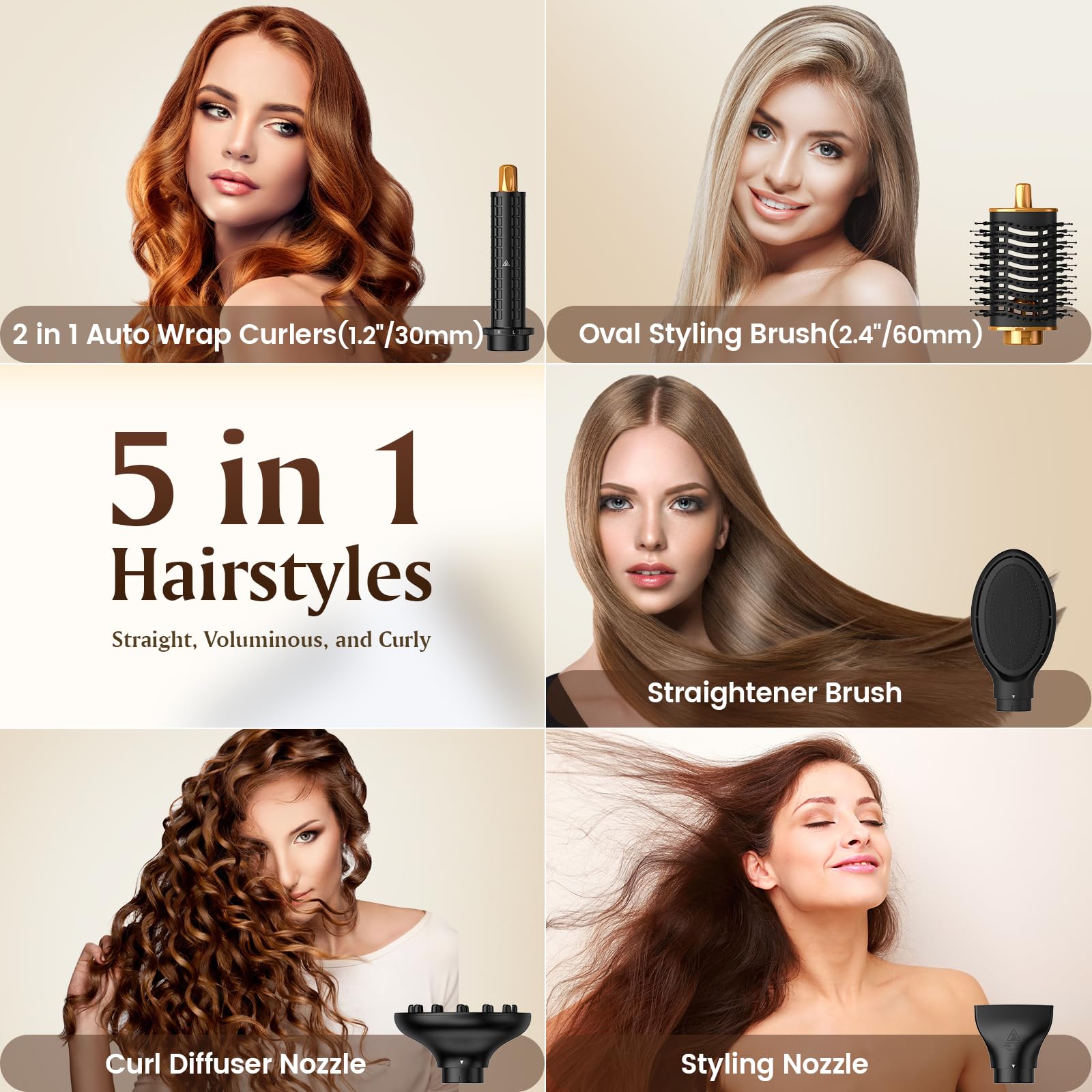 SUPGALIY 5 in 1 Air Styler, 110,000 RPM High-Speed Powerful Hair Dryer Brush & Multi-Styler with Auto-Wrap Curler, Cushion Massa