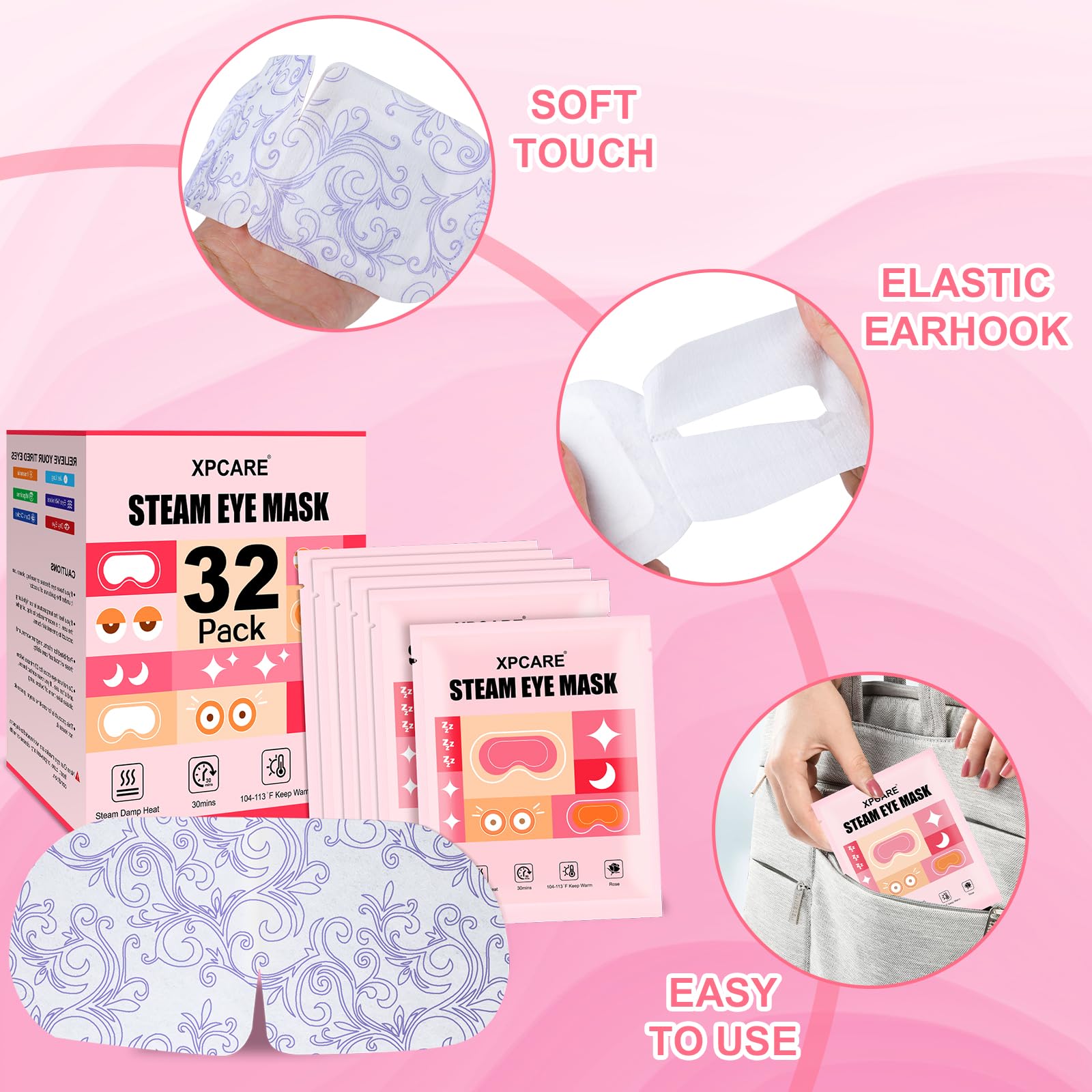 Xpcare 32 Pack Steam Eye Masks For Dry Eyes, Spa Warm Sleep Eye Mask, Disposable Heated Eye Mask For Dark Circles, Puffy Eyes, R