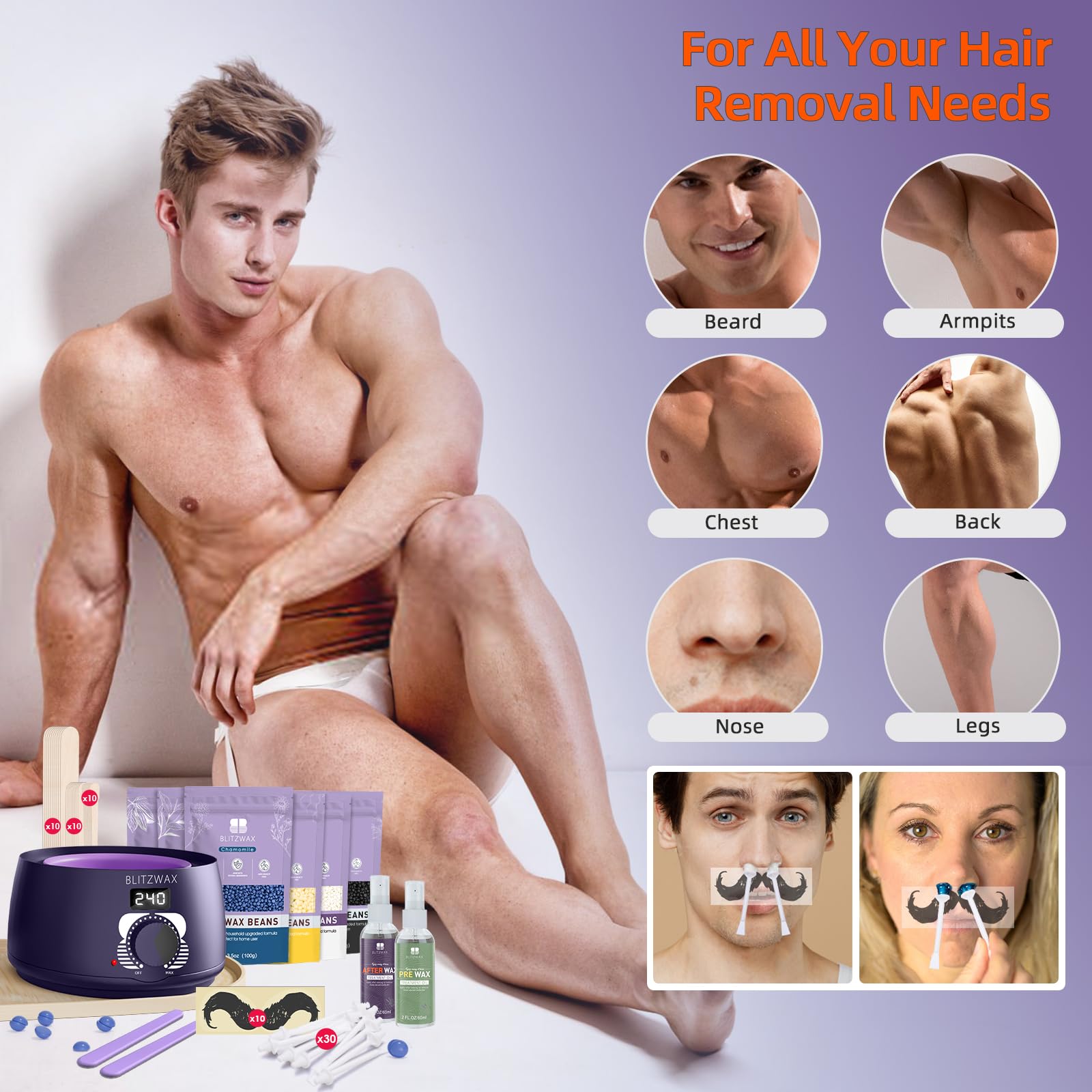 Blitzwax Nose Wax Kit For Men And Women Hair Removal Digital Wax Pot Kit With Beard Stickers For Sensitive Skin, Mustache, Body,