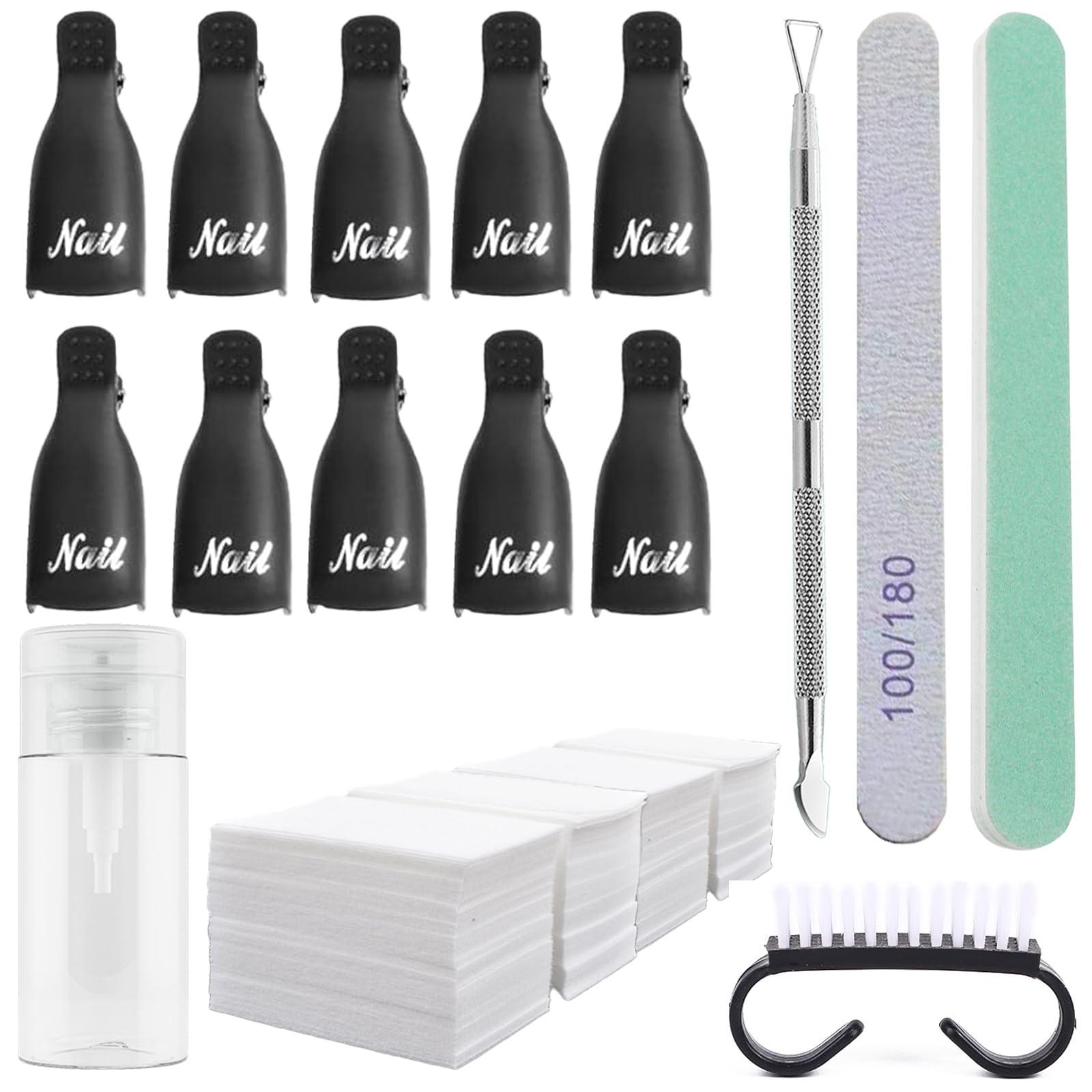 Ponjowl Gel Nail Polish Remover Kit with 10pcs Black Nail Polish Remover Clips Cap, Acetone Nail Dispenser Bottle, Polish Cuticl