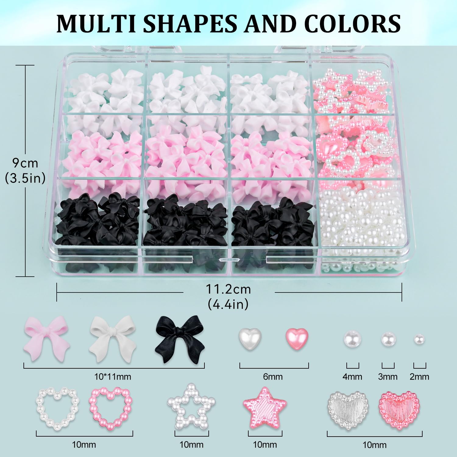600 Pcs 3D Nail Charms And Flatback Pearls Set 3, Pink&White&Black Nail Bows + Pink&White Star Heart Cute Nail Jewels + 2-4Mm Wh