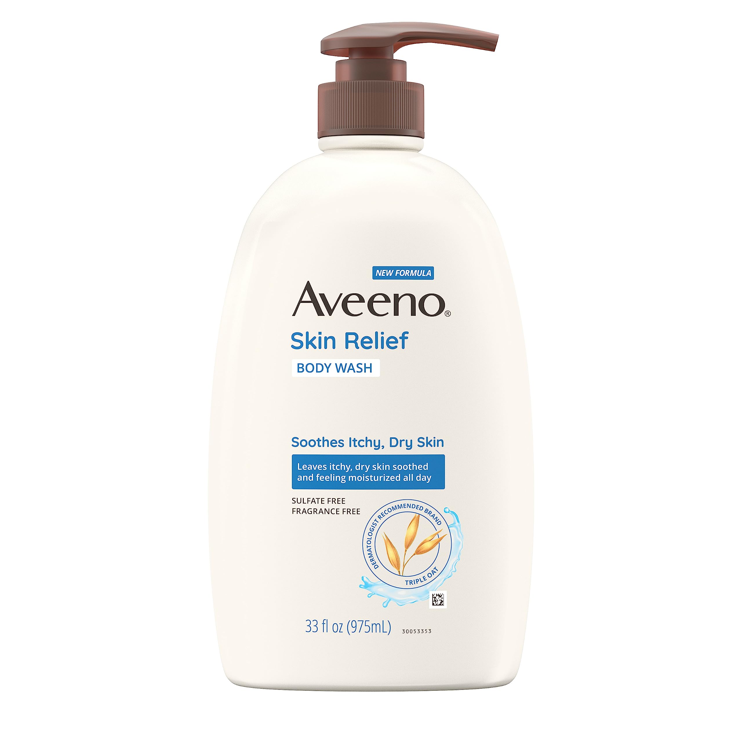 Aveeno Skin Relief Body Wash with Triple Oat Formula Soothes Itchy and Dry Skin, Fragrance Free Body Wash for Sensitive Skin, 33