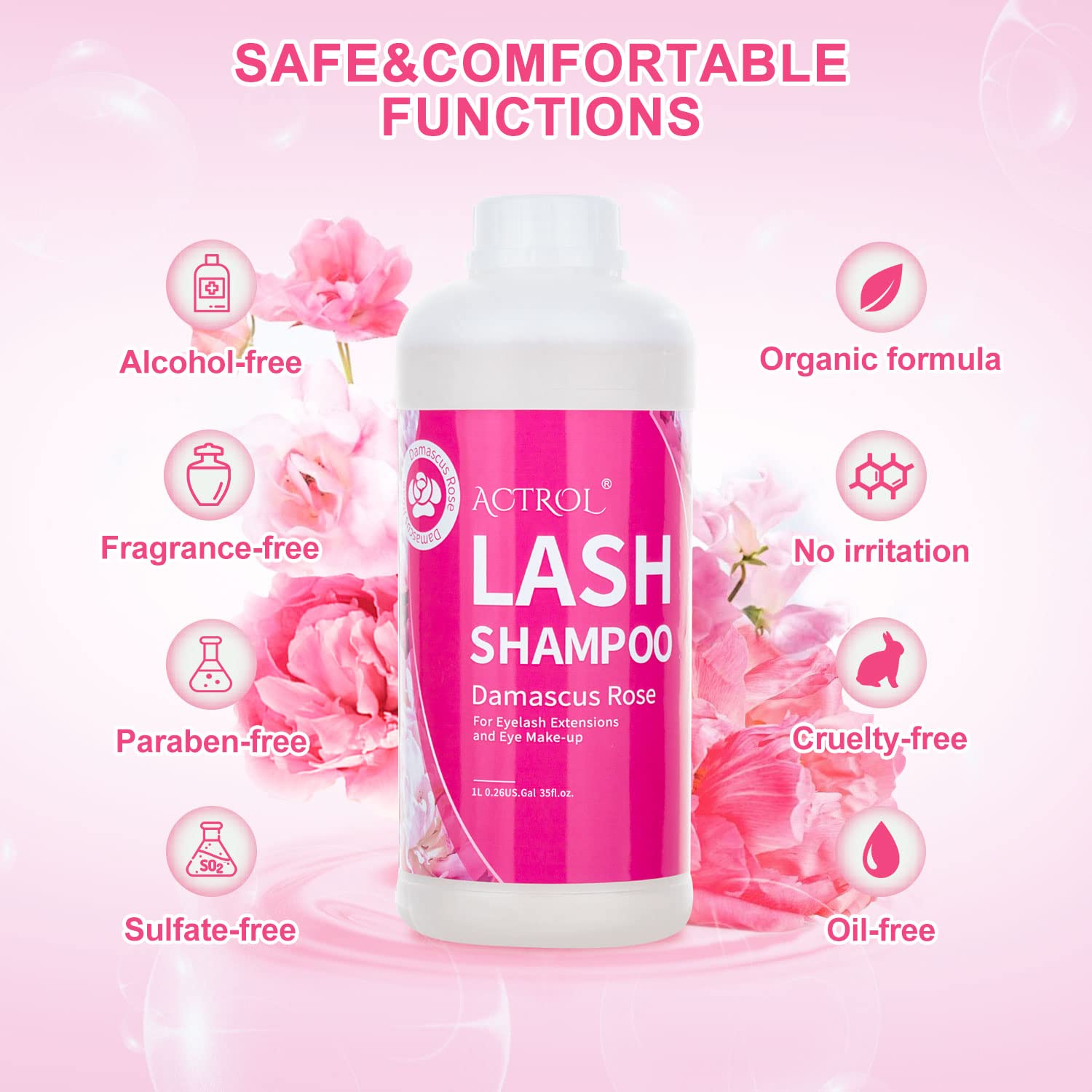 Actrol Eyelash Extension Cleanser Rose 1L Natural Lash Extension Shampoo Professional Eyelid Foaming Cleanser Paraben & Sulfate