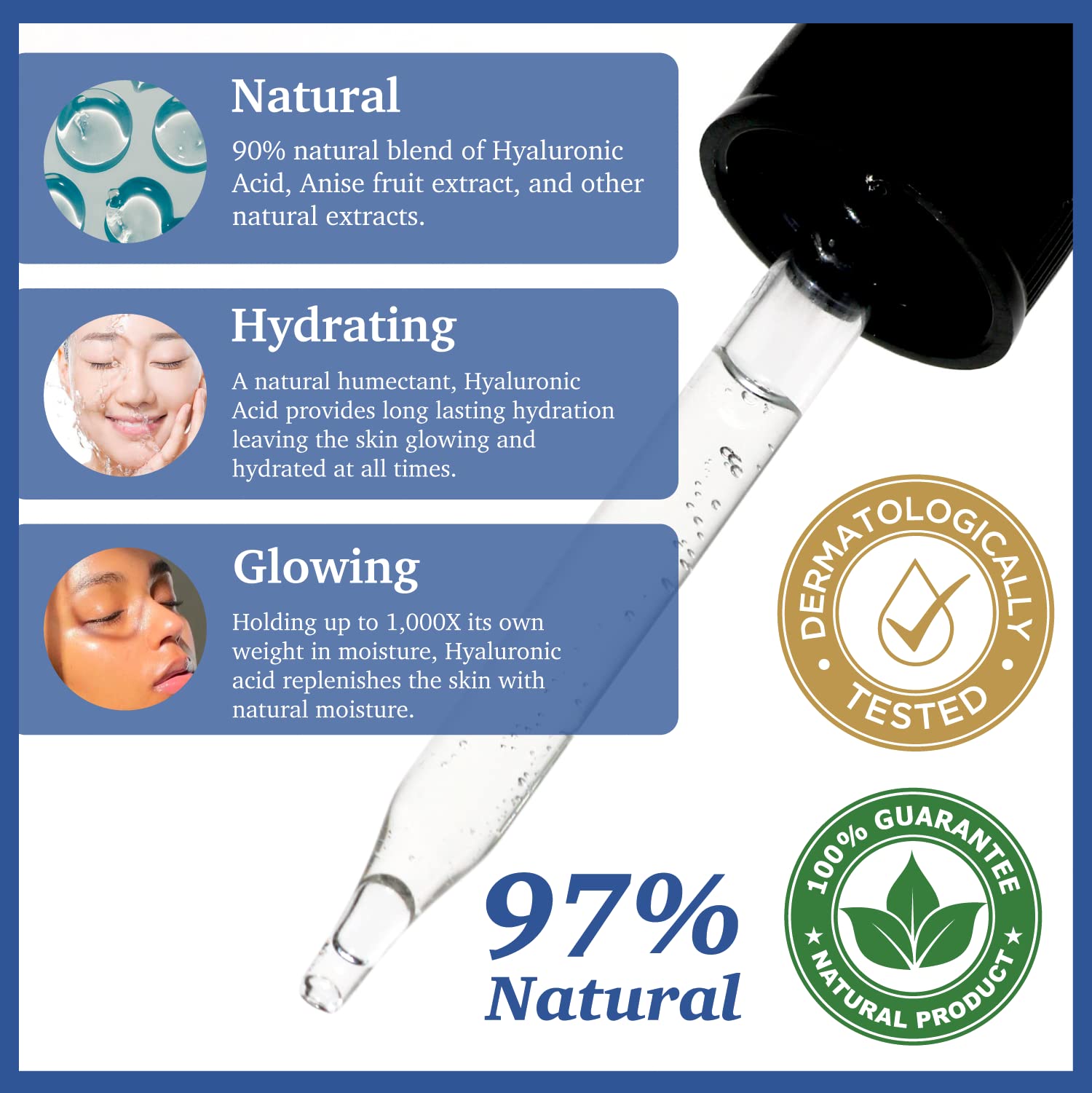 Made In Usa Natual100 Hyaluronic Acid Facial Serum For Plumping Anti Aging Hydrating Glowing Skin With Vitamin E Pairs Well With