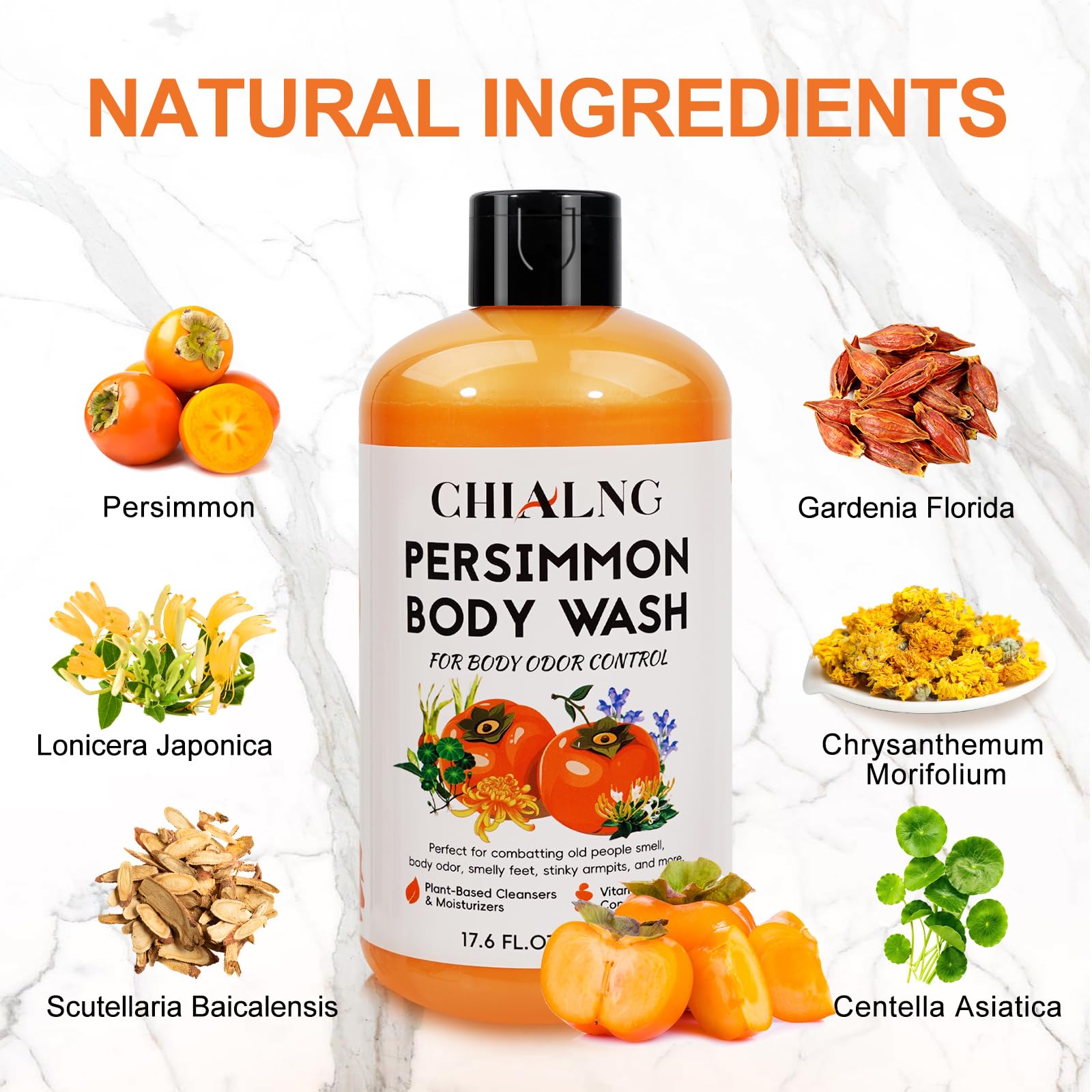 Chialing Persimmon Scented Body Soap - 16.9 Fl Oz for Body Odor Control, Nonenal Removal, Ideal for Men & Women, Contains Centella Asiatica