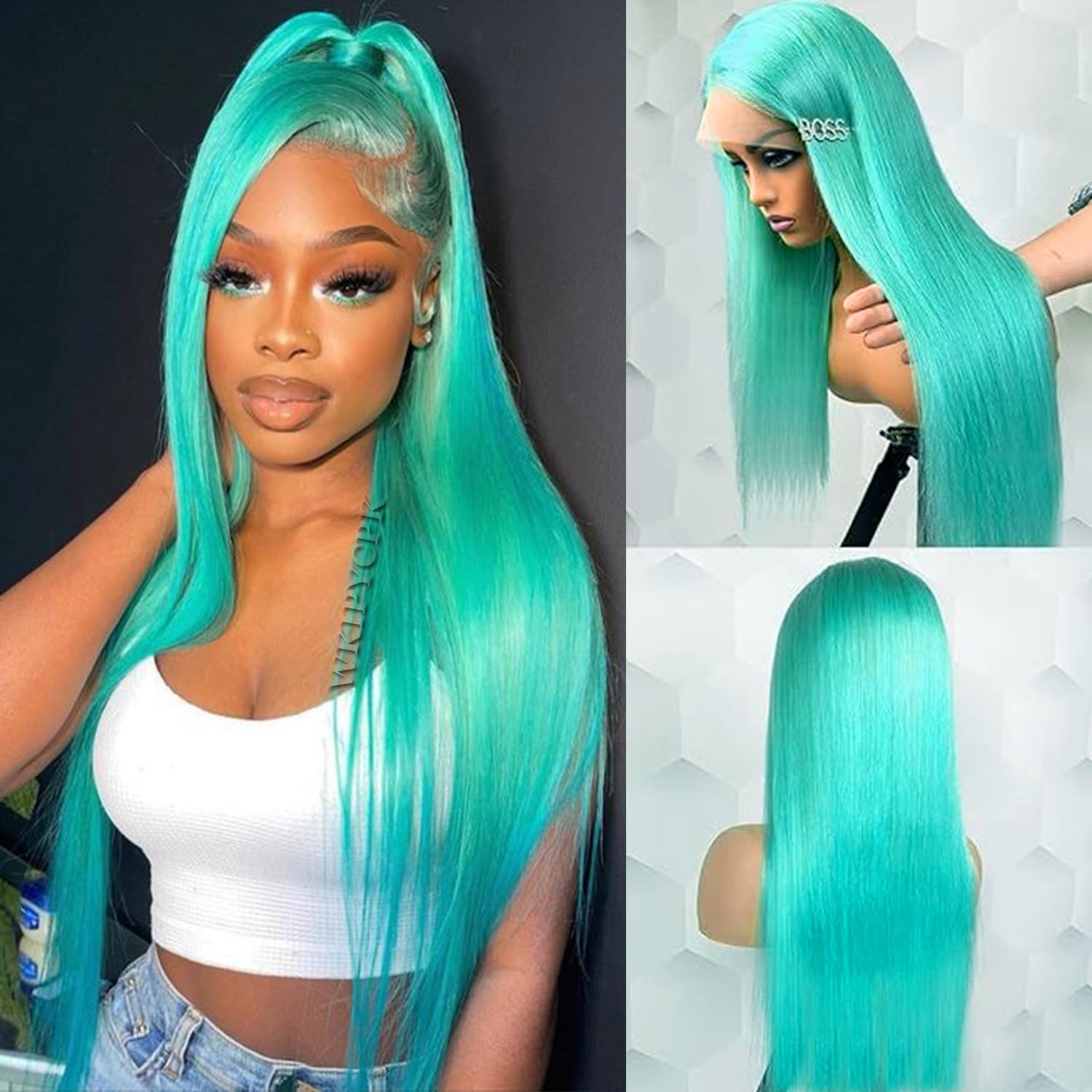 WKIPYCPK Blue Green Color Synthetic Lace Front Wigs for Fashion Women 24 Inch Long Silky Straight Hair Mint Green Wig 13x3 HD La