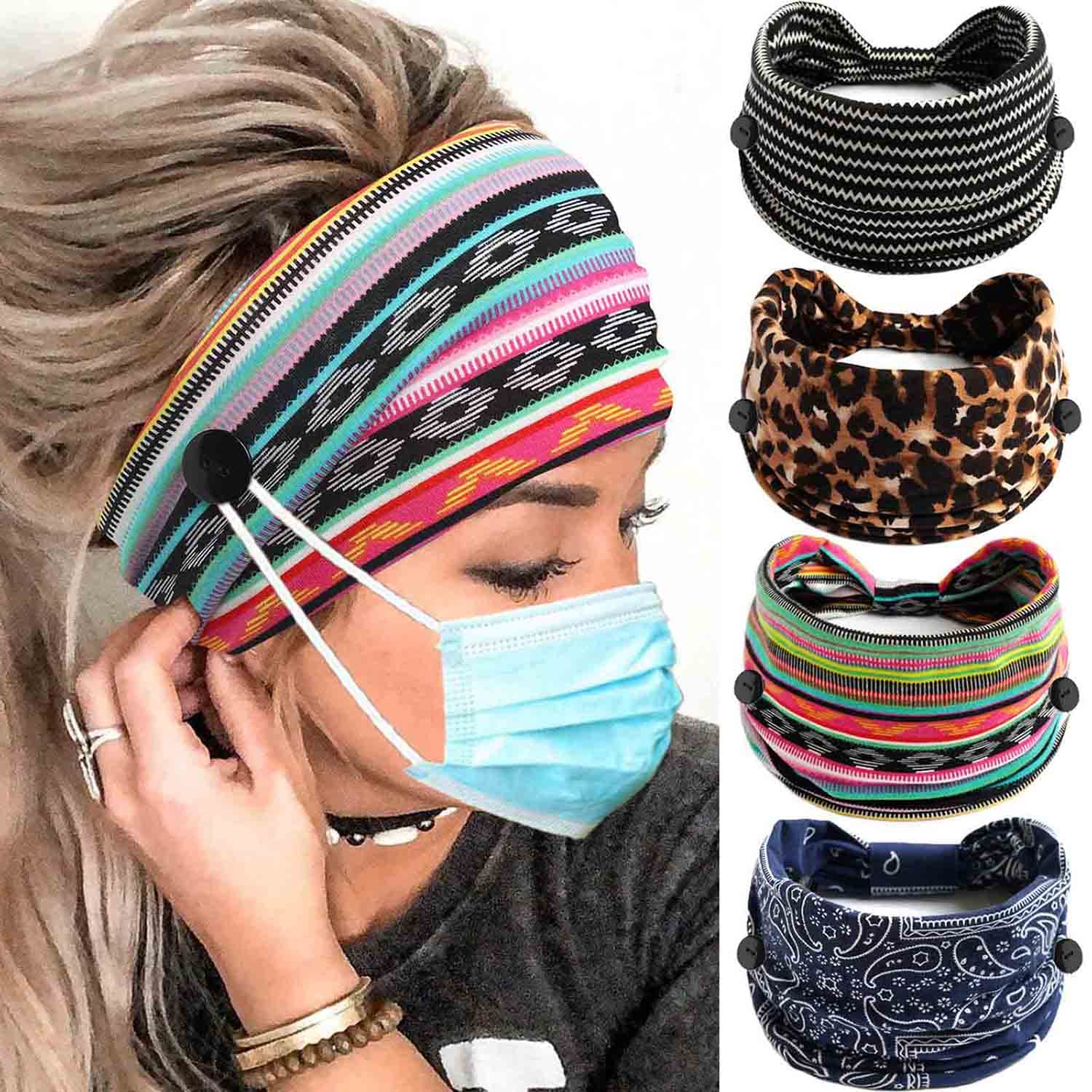 Olbye Leopard Button Headband Wide Elastic Nurse Head Bands Workout Yoga Sports Hair Band Non Slip Turban Headwrap Mask Ear Save