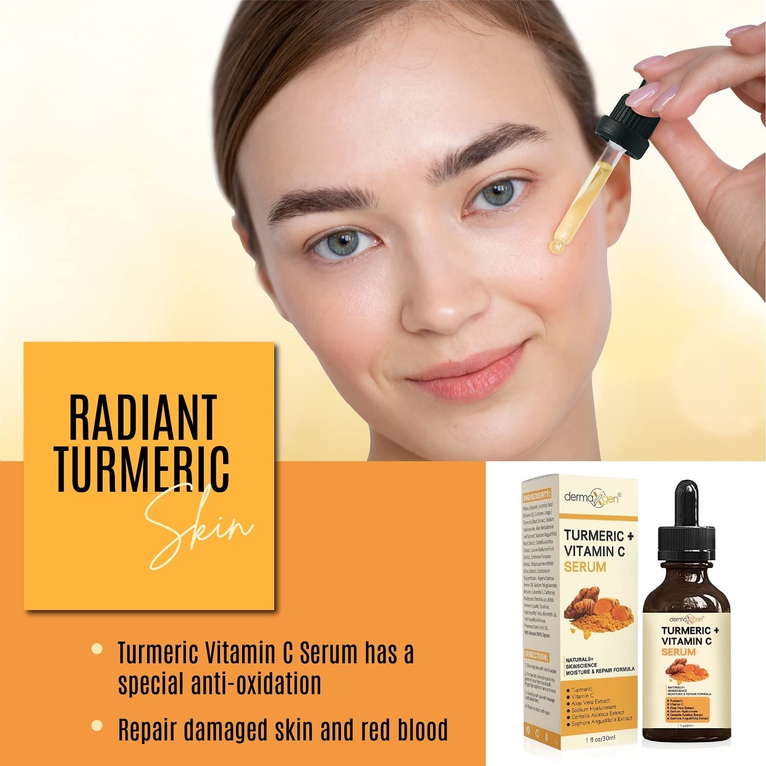 Dermaxgen Turmeric Face Serum + Vitamin C: Organic Moisturizer For Acne Reduction, Clear Skin Tone, & Anti-Aging Benefits - Hydr
