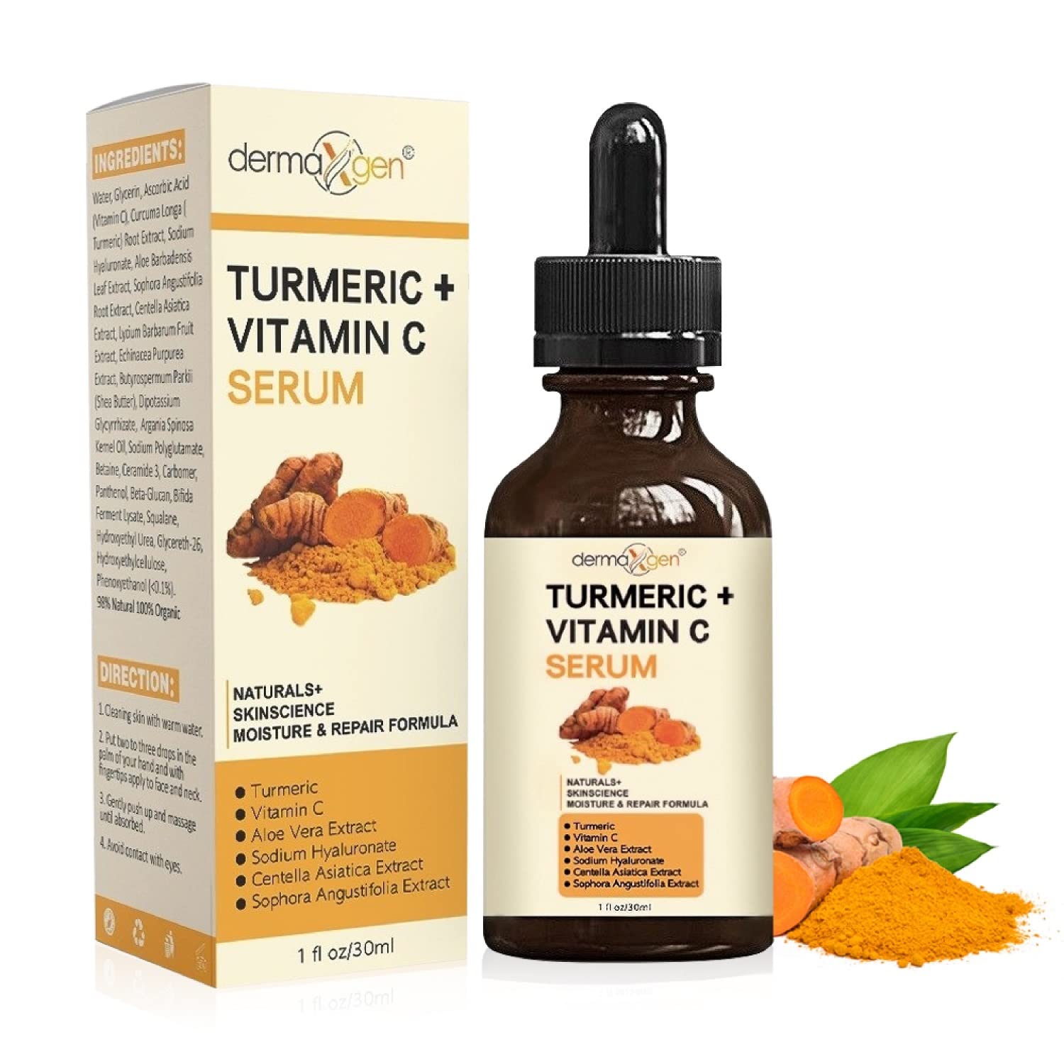 DERMAXGEN Turmeric Face Serum + Vitamin C: Organic Moisturizer for Acne Reduction, Clear Skin Tone, & Anti-Aging Benefits - Hydr