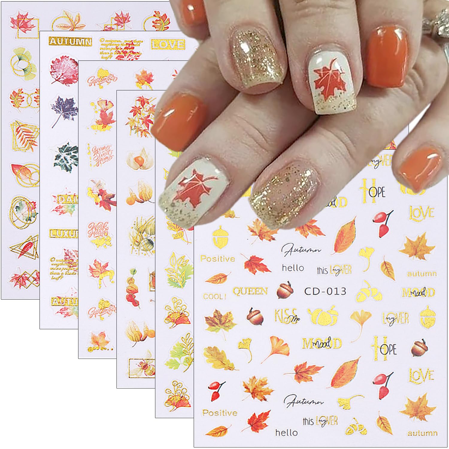 Fall Nail Art Stickers Decals Autumn Yellow Leaves Nail Decals Bronzing Thanksgiving Nail Stickers 3D Pinecone Maple Leaf Nail A